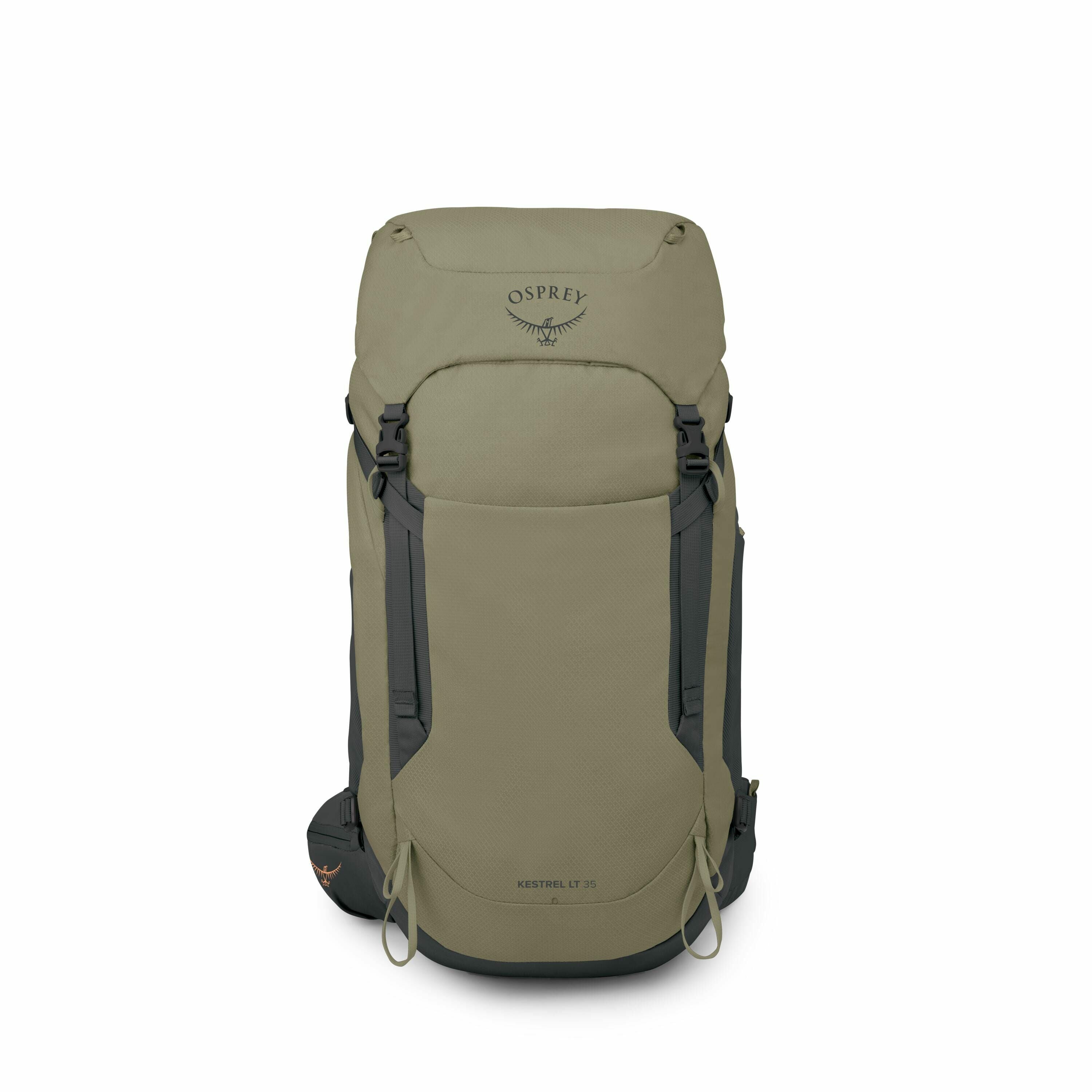 The images showcase an Osprey Kestrel LT 35 backpack in various colors and views. The first image presents a backpack in a muted olive or khaki color, highlighting its sleek and compact design. The second image features the same model in a brighter green