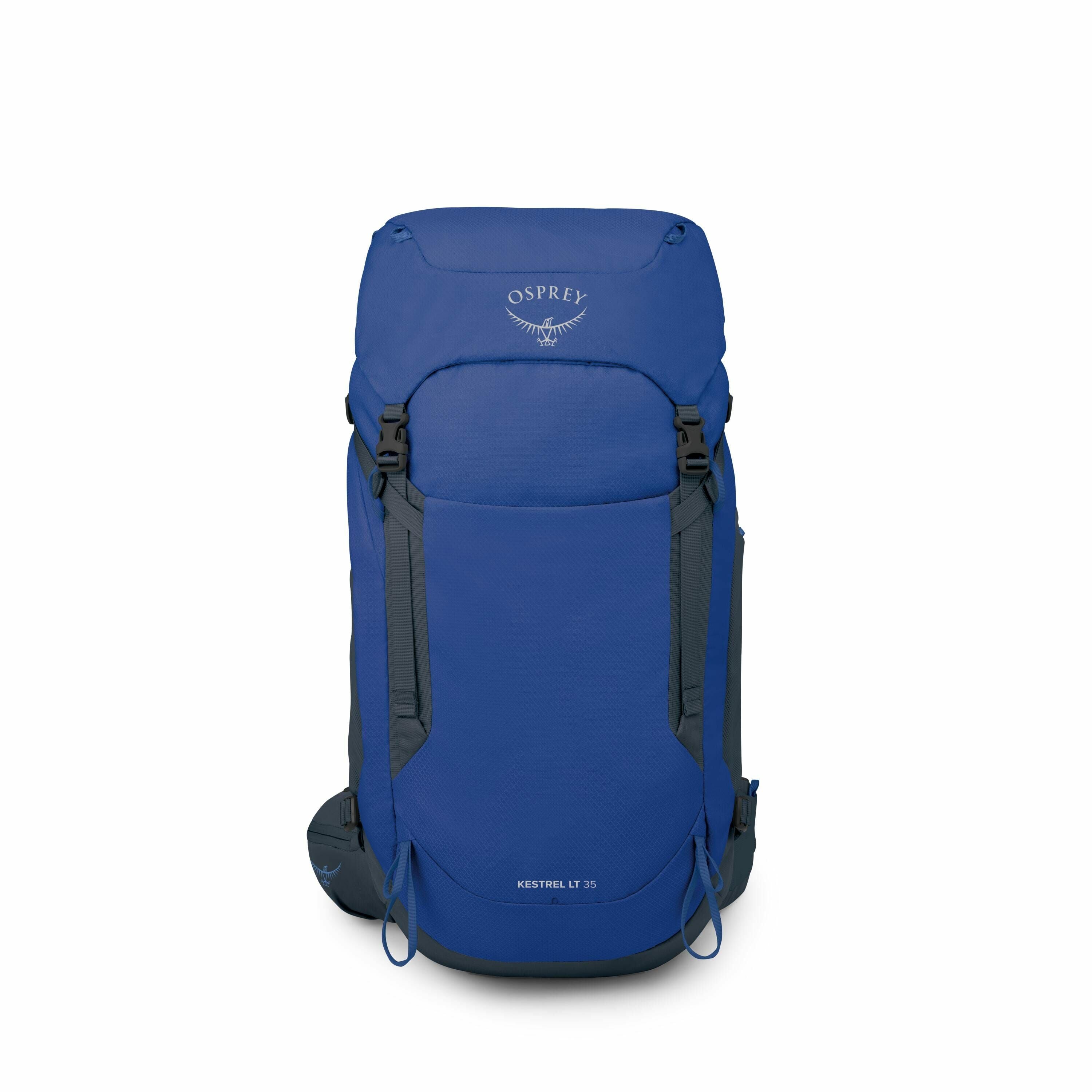 The image series showcases an Osprey Kestrel LT 35 backpack, depicted in a vivid blue color. The first image presents the backpack in its entirety, displaying its design with a top lid, front pocket, and compression straps, along with the Osprey logo and