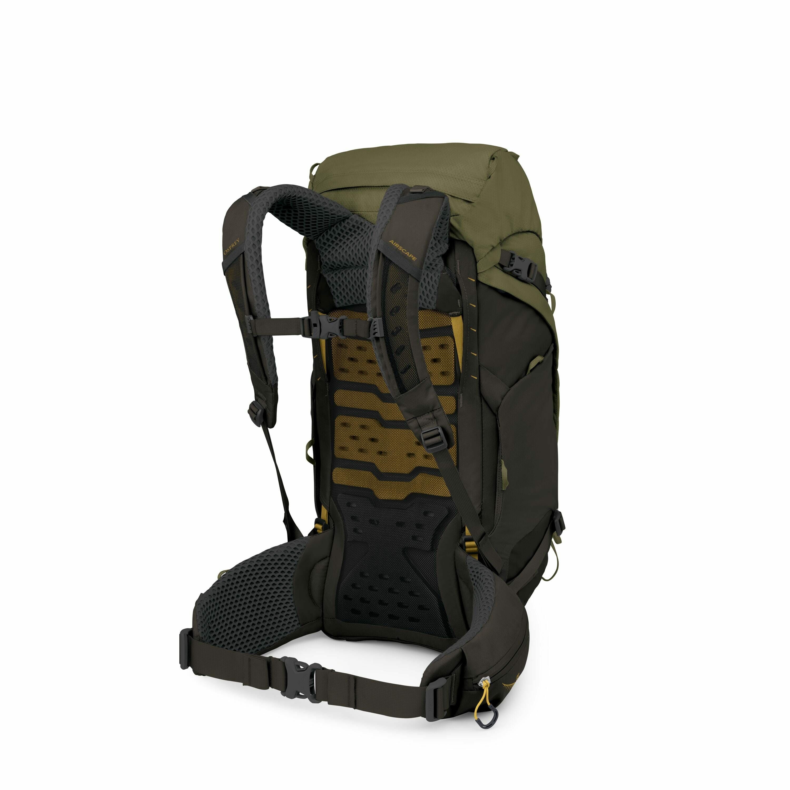 The image features a detailed view of a dark green and olive hiking backpack. It is shown from the back, highlighting the ergonomic design and padded straps meant for comfort during long treks. The backpack includes various adjustment straps and buckles,