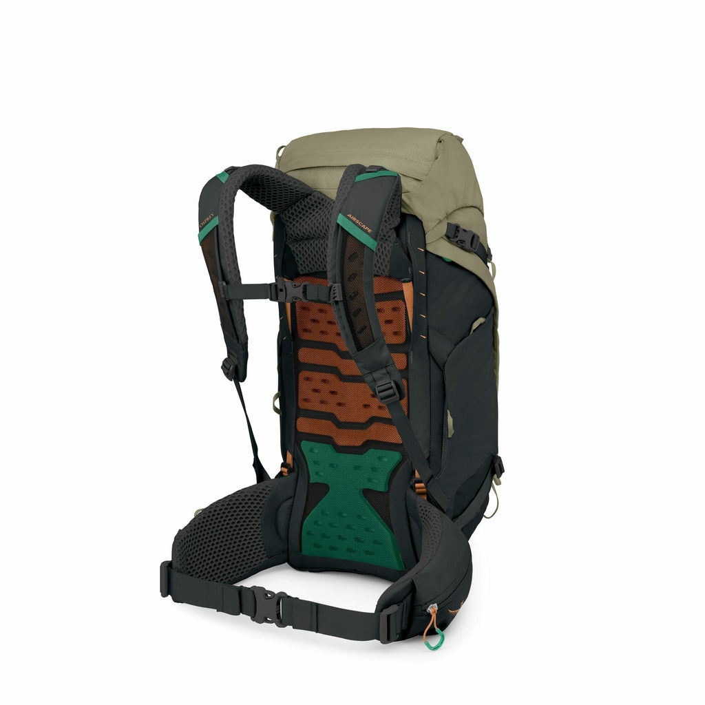 The image shows a detailed backpack designed for outdoor use, featuring a back panel with brown and green padding for comfort and support. The backpack has a combination of olive green, black, and vibrant green colors, with ergonomic shoulder straps and a
