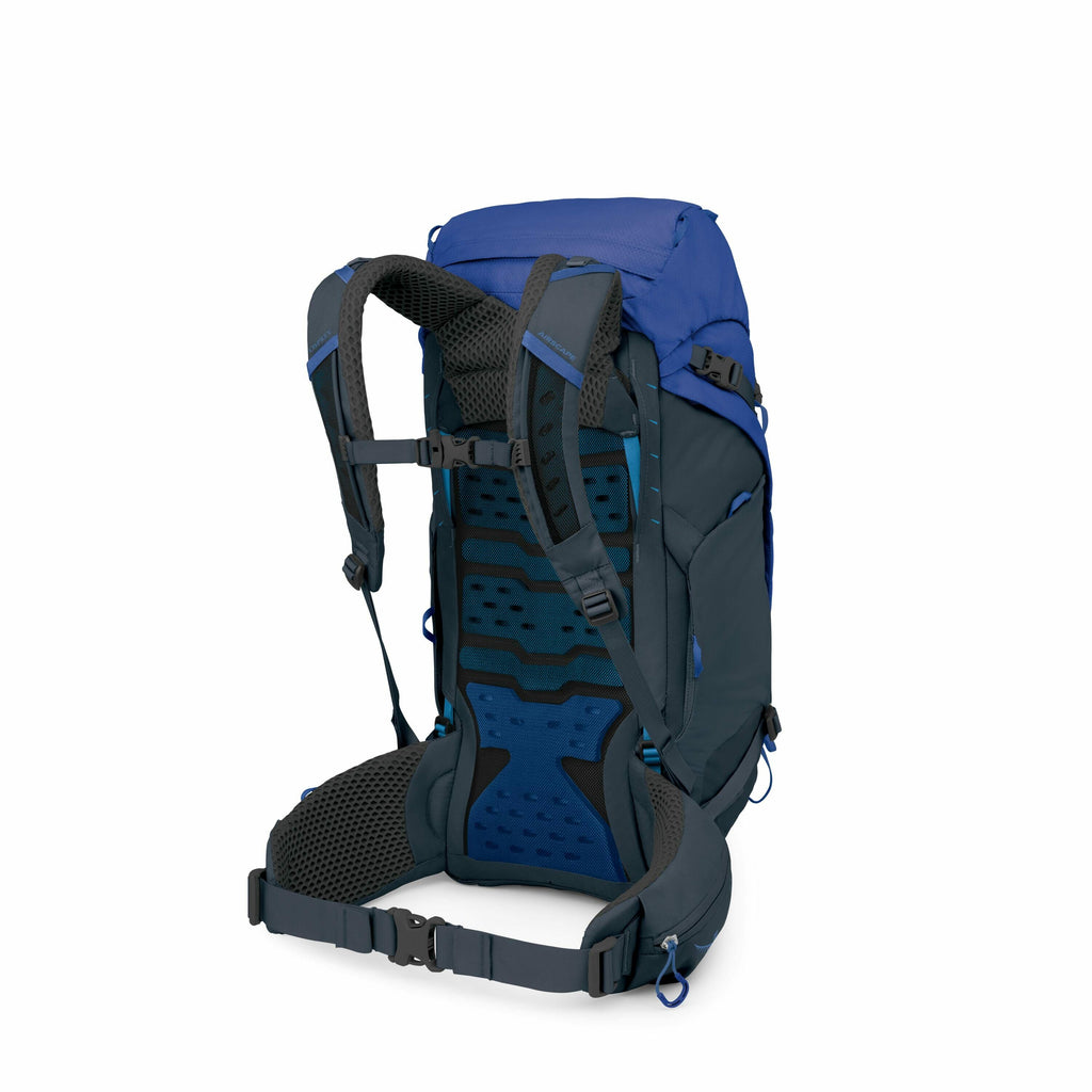 The image showcases a blue and dark gray hiking backpack, viewed from the back, highlighting its ergonomic design and adjustable straps. The backpack features padded shoulder straps, a sternum strap, and a hip belt for enhanced comfort and weight distribu