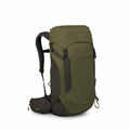 The image showcases a green and black hiking backpack from the brand Osprey, specifically the "Kestrel LT 35" model. The main body of the backpack is a solid green color, while the accents such as straps, buckles, and the back panel are in black. The Ospr