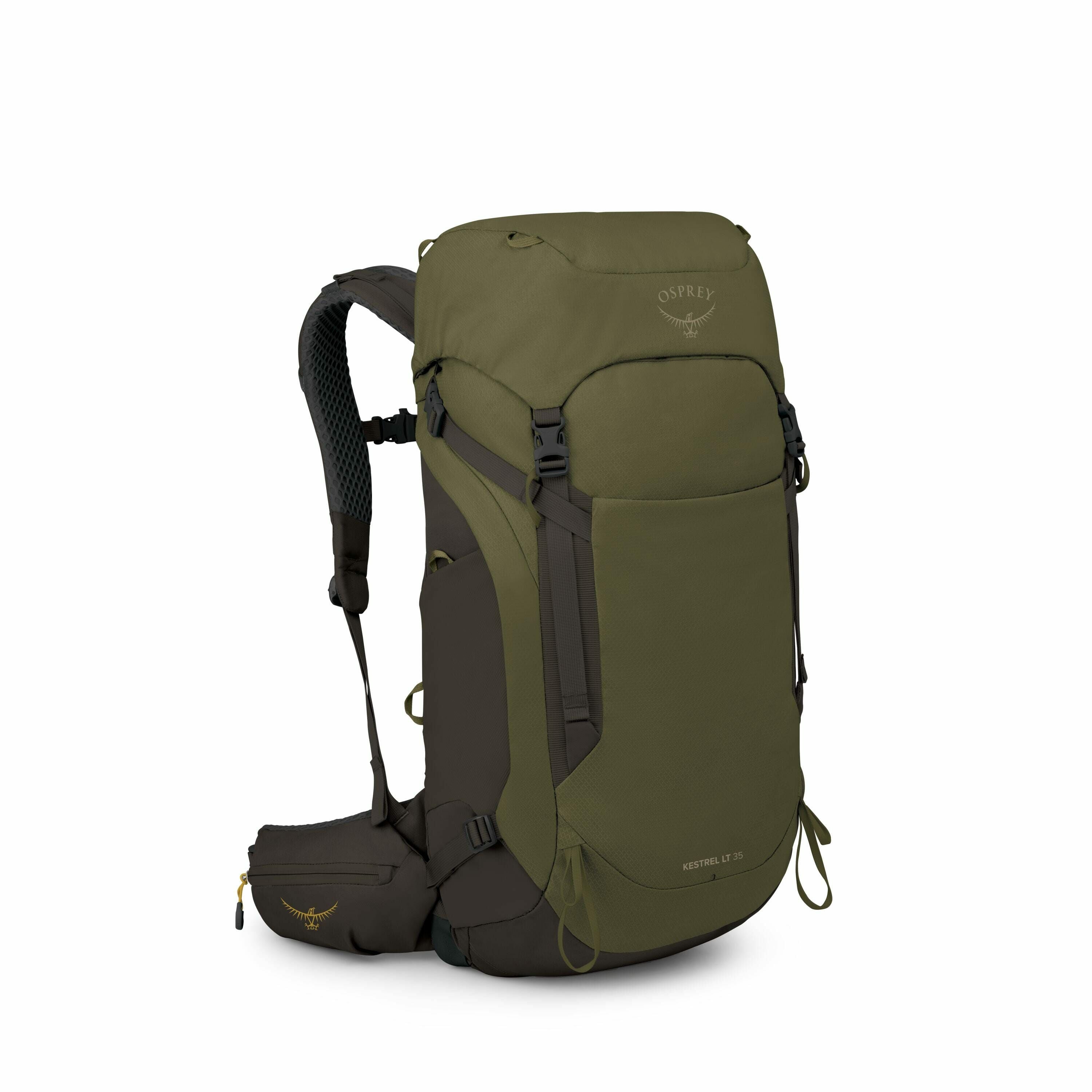 The image showcases a green and black hiking backpack from the brand Osprey, specifically the "Kestrel LT 35" model. The main body of the backpack is a solid green color, while the accents such as straps, buckles, and the back panel are in black. The Ospr