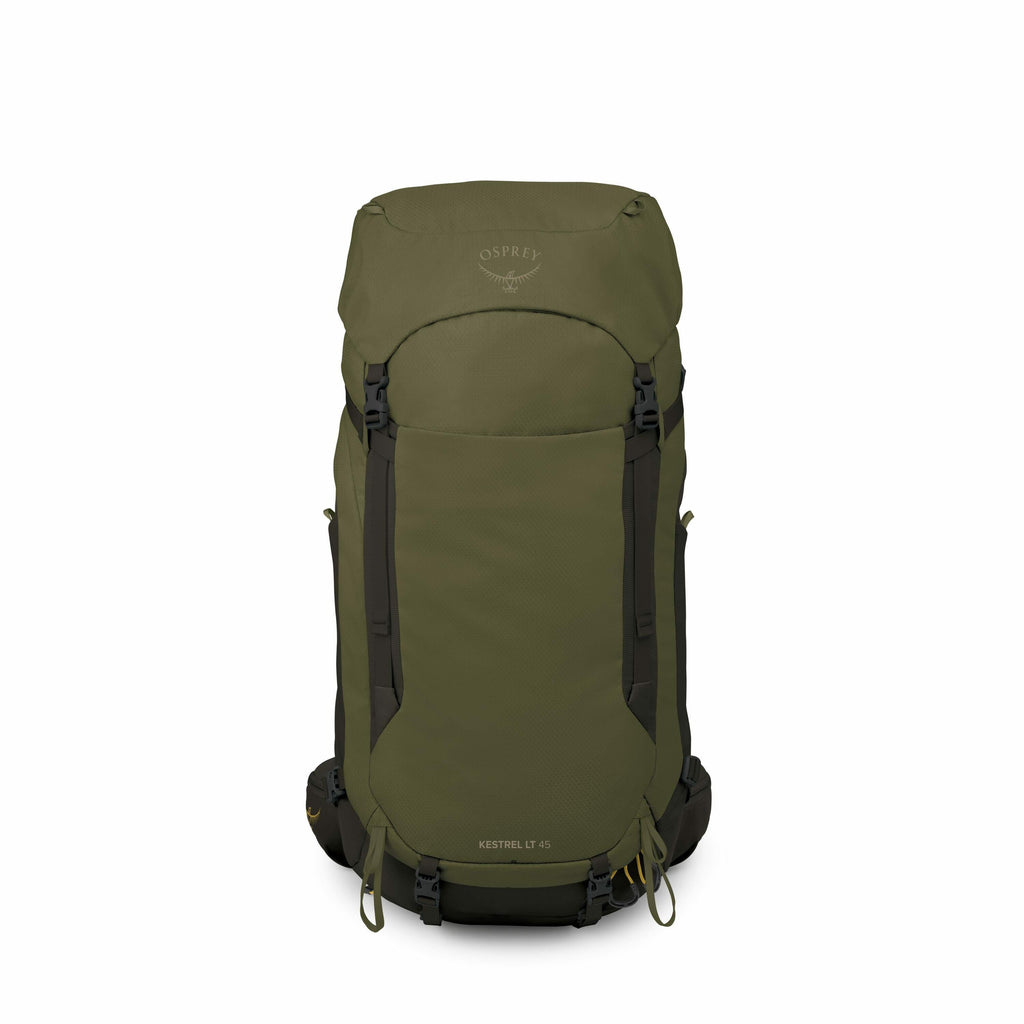 The image shows an olive green backpack, specifically the Osprey Kestrel LT 45 model. The backpack has a sleek and streamlined design with multiple adjustable straps for securing its contents. The Osprey logo, featuring a stylized bird emblem, is visible