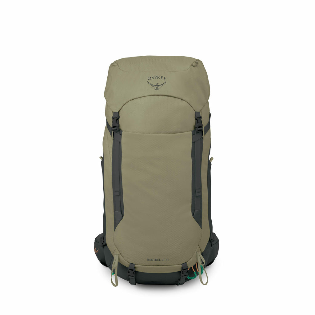 The image shows a series of renders and components of an Osprey Kestrel LT 45 backpack. The backpack appears in two different colors: a muted olive green and a light green. The initial images display the fully assembled backpacks, highlighting their sleek