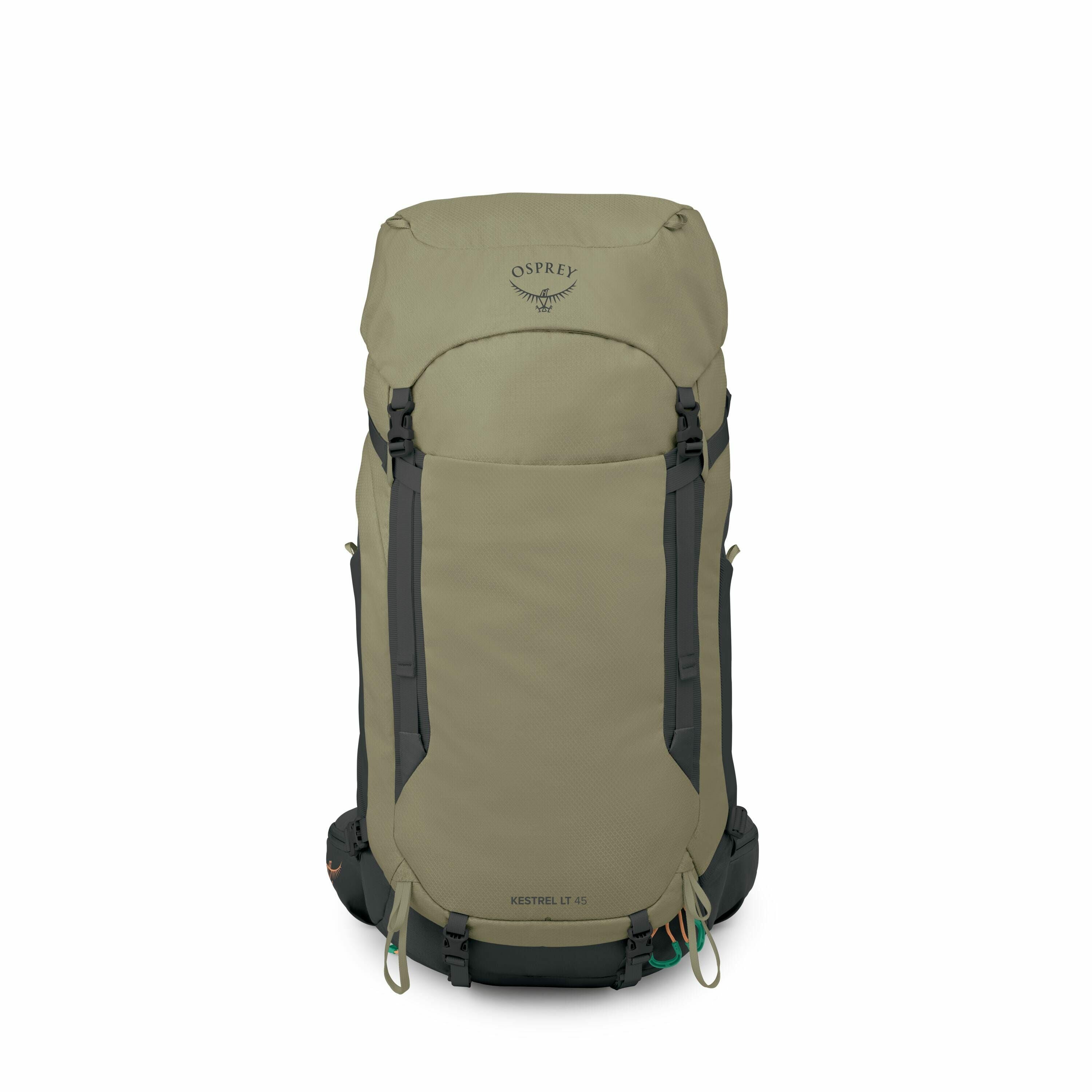 The image shows a series of renders and components of an Osprey Kestrel LT 45 backpack. The backpack appears in two different colors: a muted olive green and a light green. The initial images display the fully assembled backpacks, highlighting their sleek
