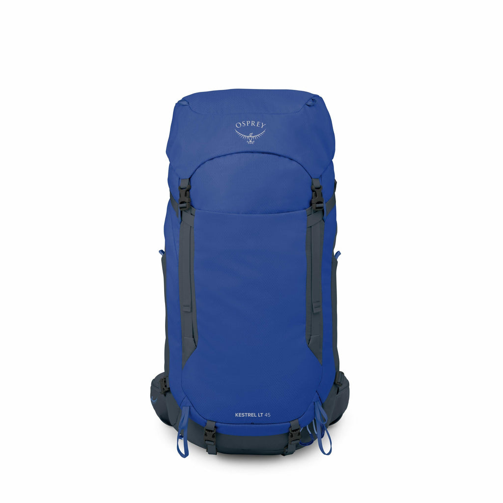 The image features a blue Osprey Kestrel LT 45 backpack. The backpack is designed for outdoor and hiking purposes, featuring a sleek and streamlined design. It has a top-loading style with adjustable straps and buckles in contrasting black, enhancing its