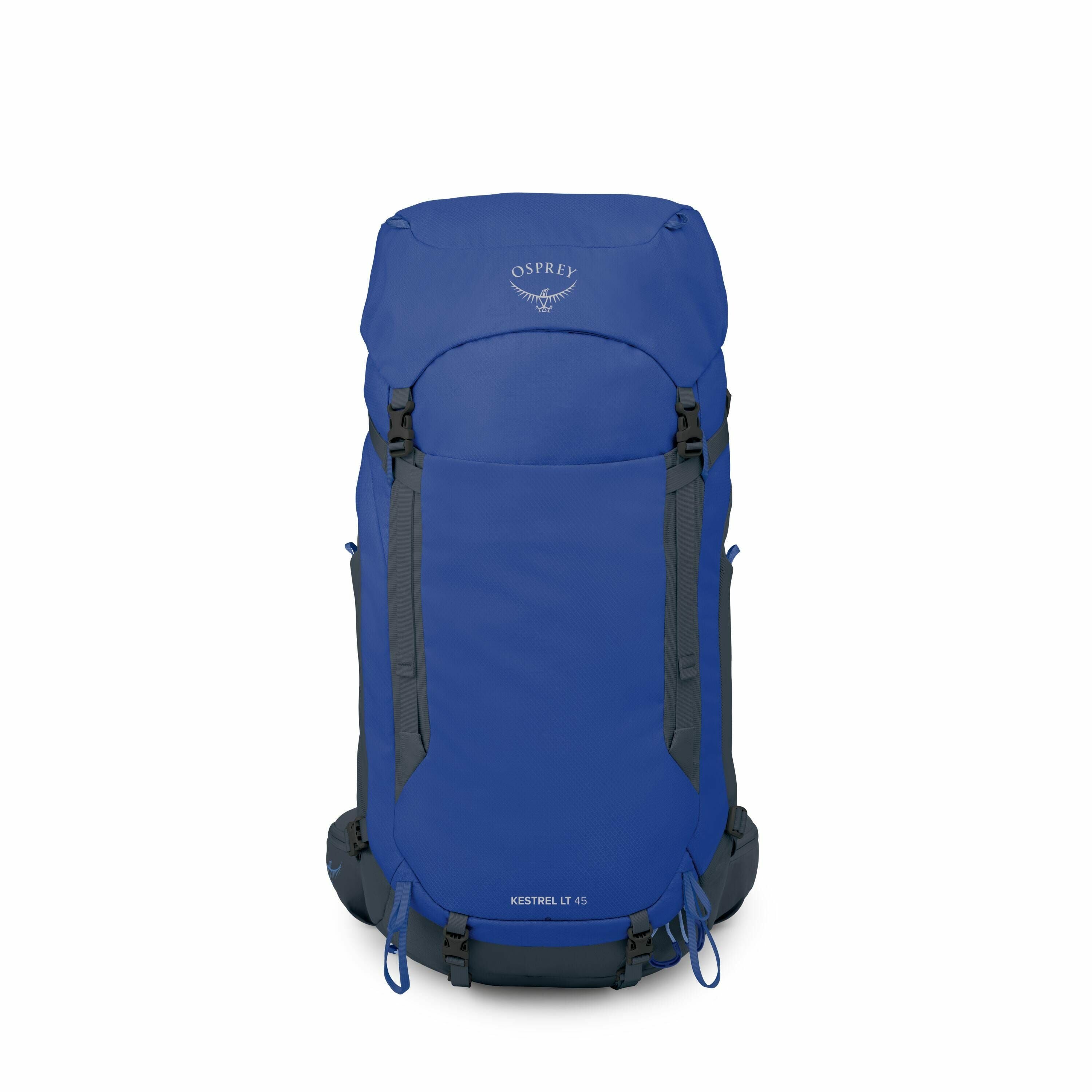 The image features a blue Osprey Kestrel LT 45 backpack. The backpack is designed for outdoor and hiking purposes, featuring a sleek and streamlined design. It has a top-loading style with adjustable straps and buckles in contrasting black, enhancing its