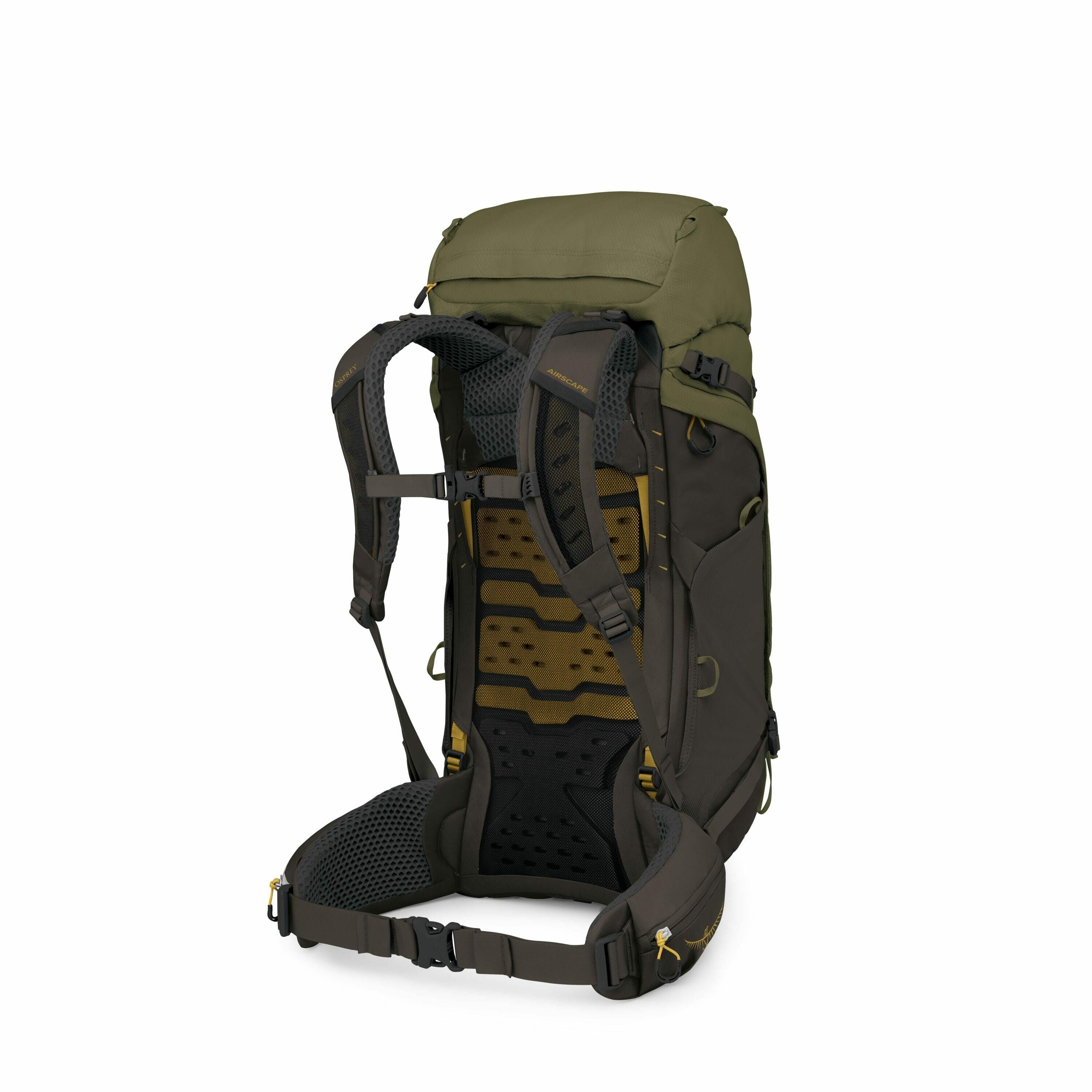 The image shows a detailed view of a hiking backpack from a brand named "Gregory." The backpack is predominantly olive green with black accents, including black straps and padding on the shoulder and waist areas for comfort. The back panel features a vent