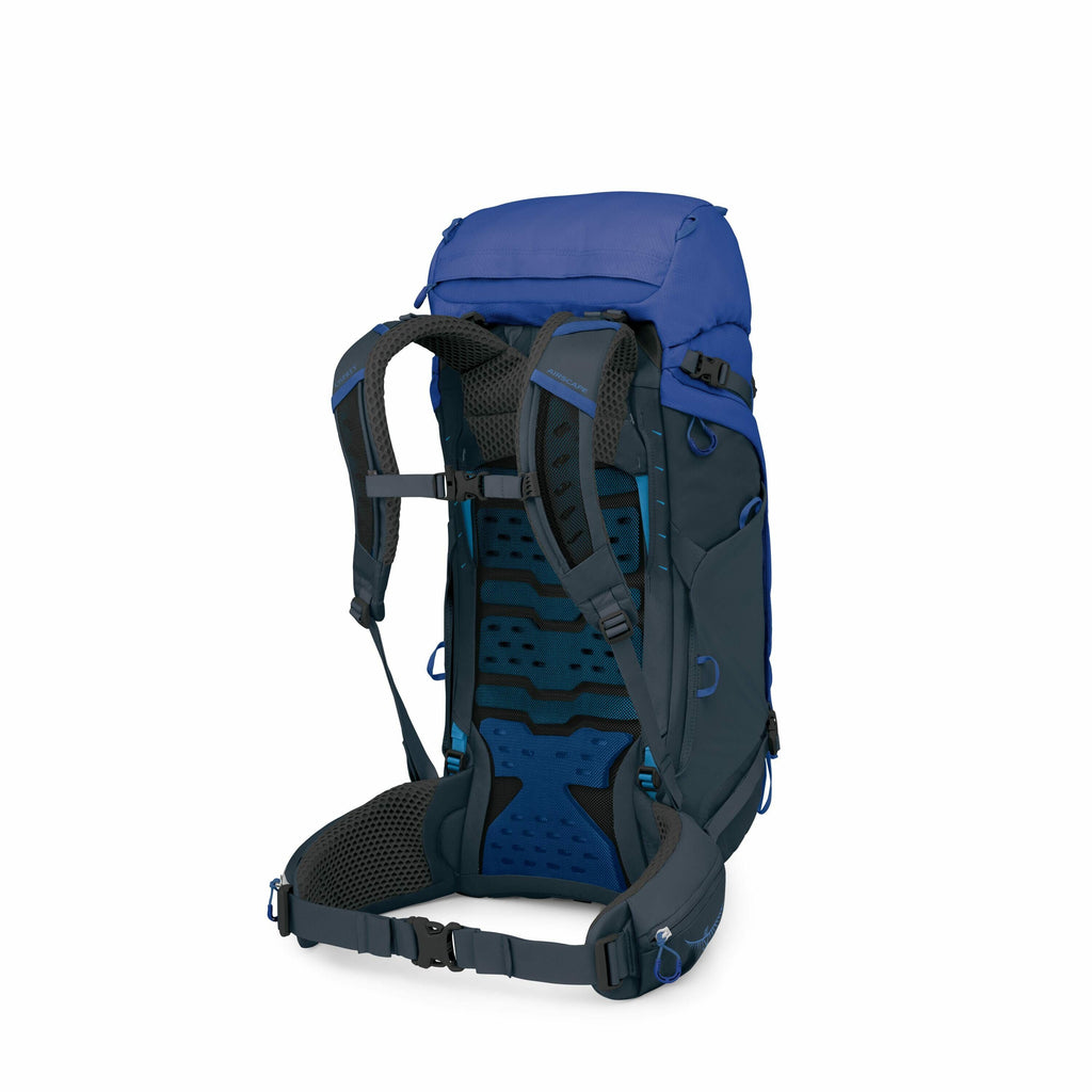 The image showcases a blue and dark grey hiking backpack from a rear view, highlighting its straps and back panel. The backpack features a sturdy frame with padded shoulder straps and a waist belt for comfortable weight distribution. The back panel is des