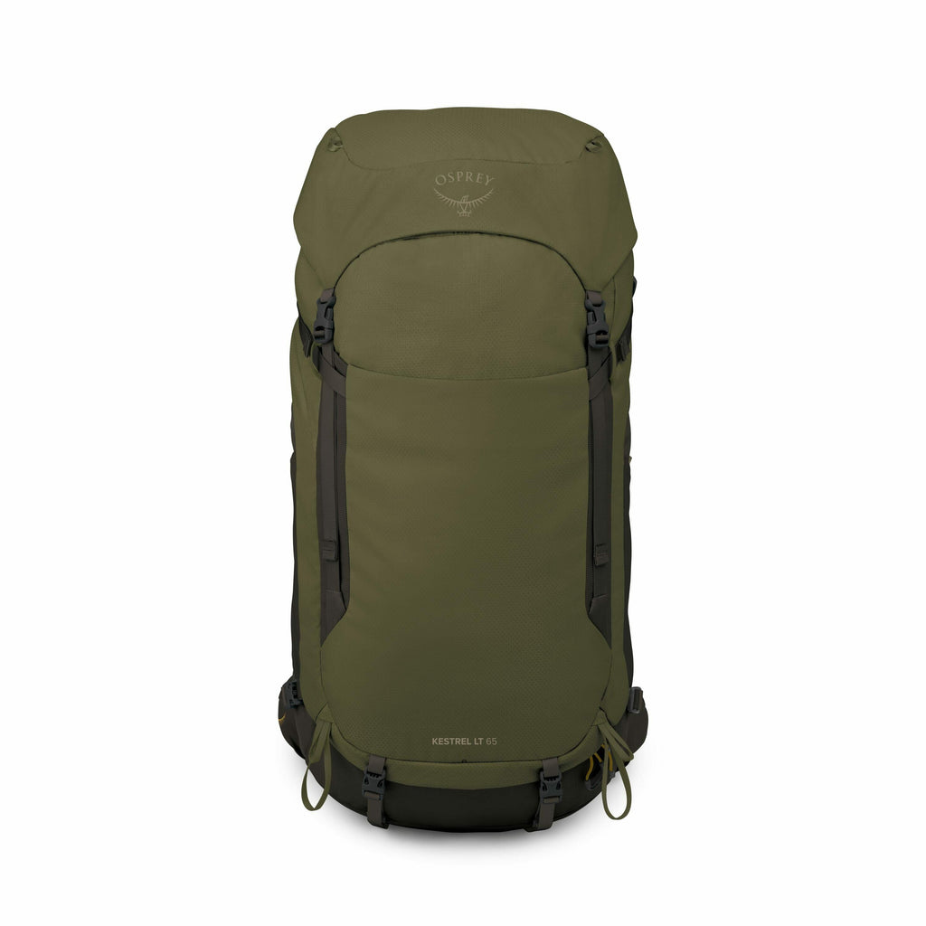 The image displays a green Osprey Kestrel LT 65 backpack, featuring a sleek and streamlined design suitable for outdoor adventures. Its olive green color gives it a natural and earthy look, complemented by darker green accents. The backpack has two vertic