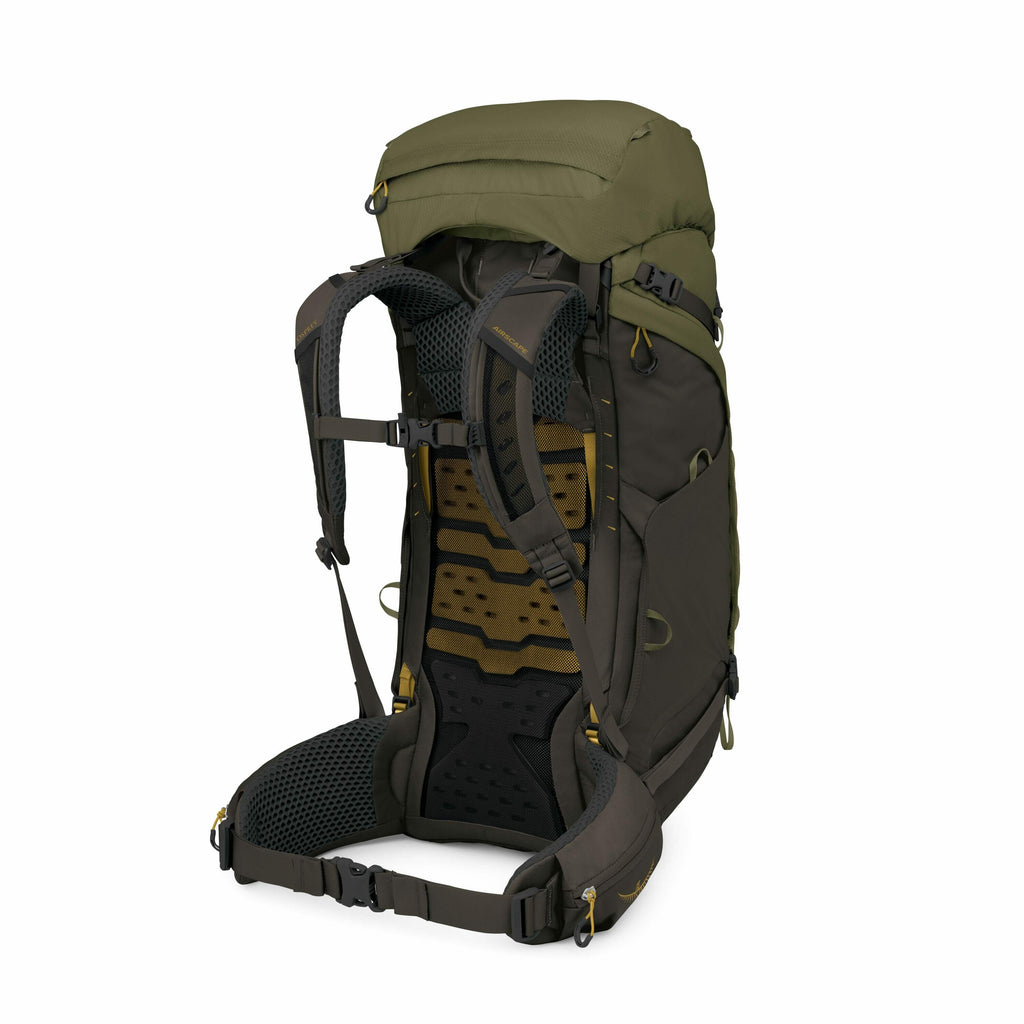 The image showcases a high-performance hiking backpack designed for outdoor adventures. It features a sturdy frame with adjustable padded shoulder straps, a hip belt for extra support, and a breathable back panel with a combination of yellow and black col