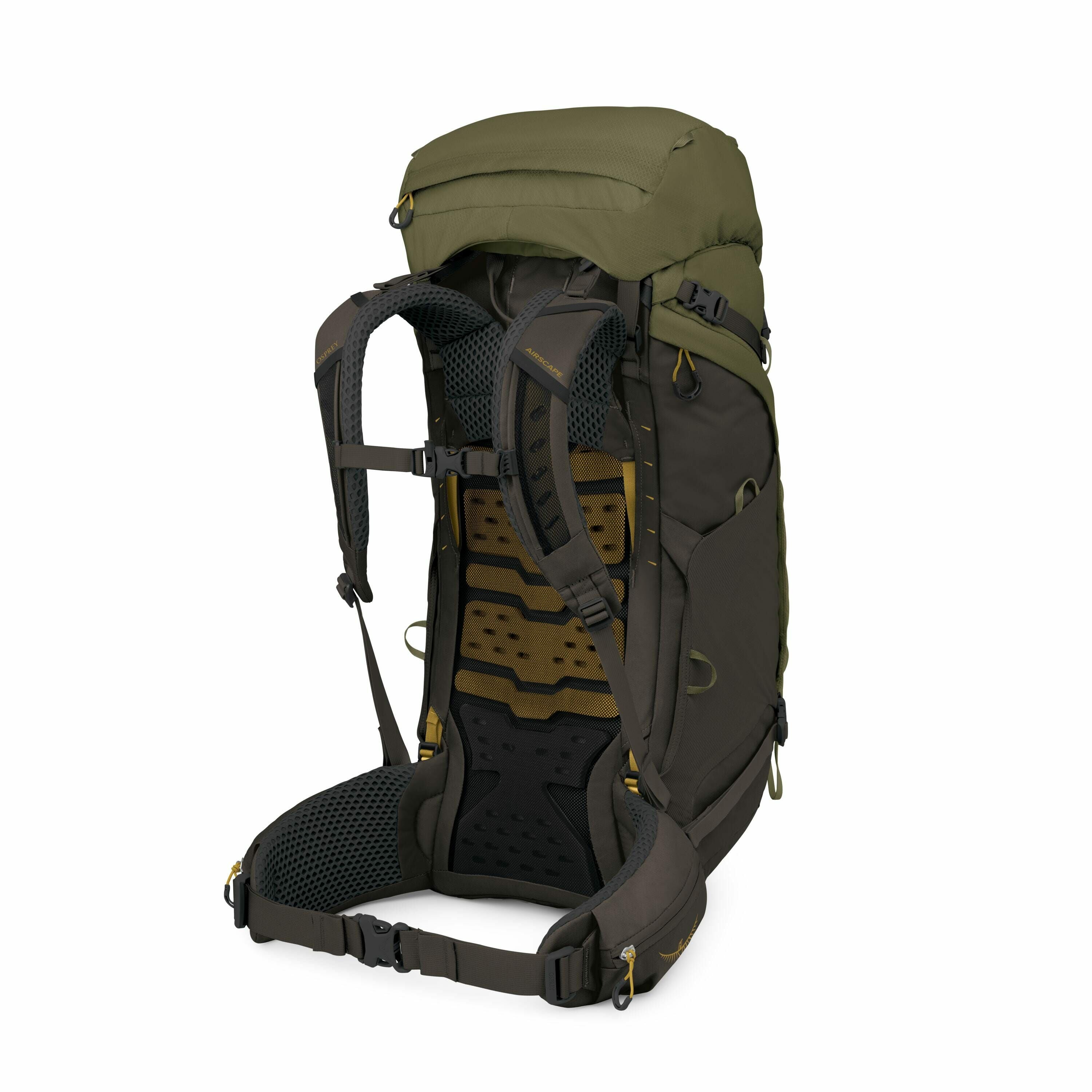 The image showcases a high-performance hiking backpack designed for outdoor adventures. It features a sturdy frame with adjustable padded shoulder straps, a hip belt for extra support, and a breathable back panel with a combination of yellow and black col
