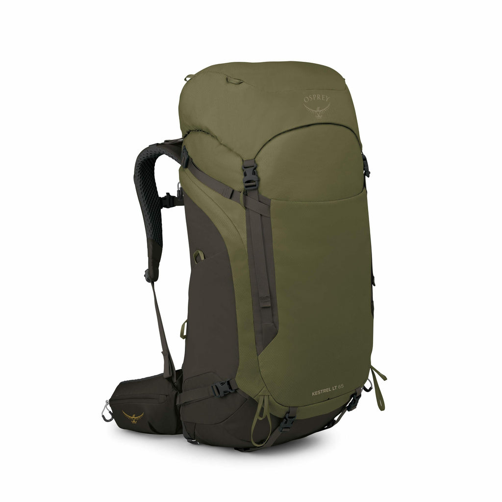 The image depicts an Osprey Kestrel LT 65 backpack in a few different color variations. The backpack is shown in an olive green and a darker green combination, featuring a streamlined design with multiple adjustable straps and a padded hip belt for comfor