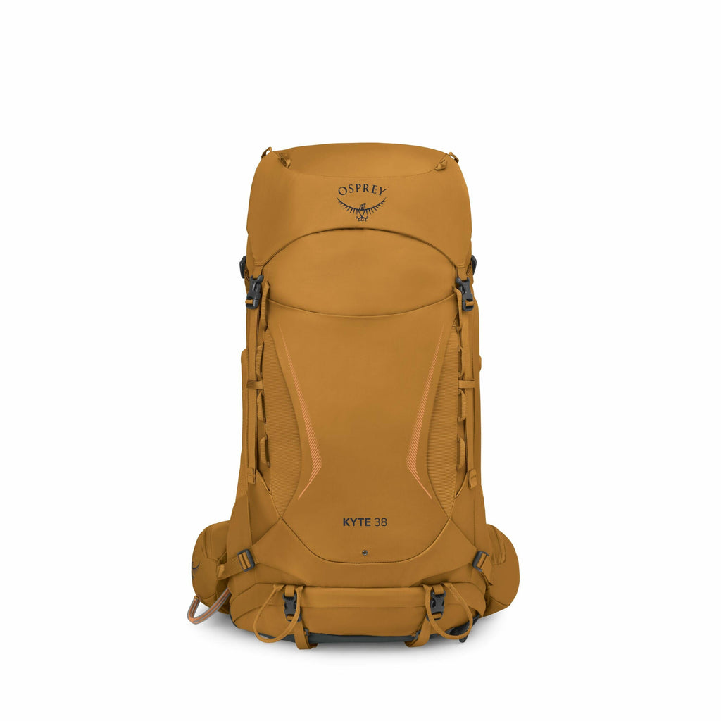 The images depict an Osprey Kyte 38 backpack in a brownish-orange color. The backpack features a top flap with the Osprey logo and name prominently displayed. It is equipped with various adjustable straps and buckles, adding to its functionality and versa