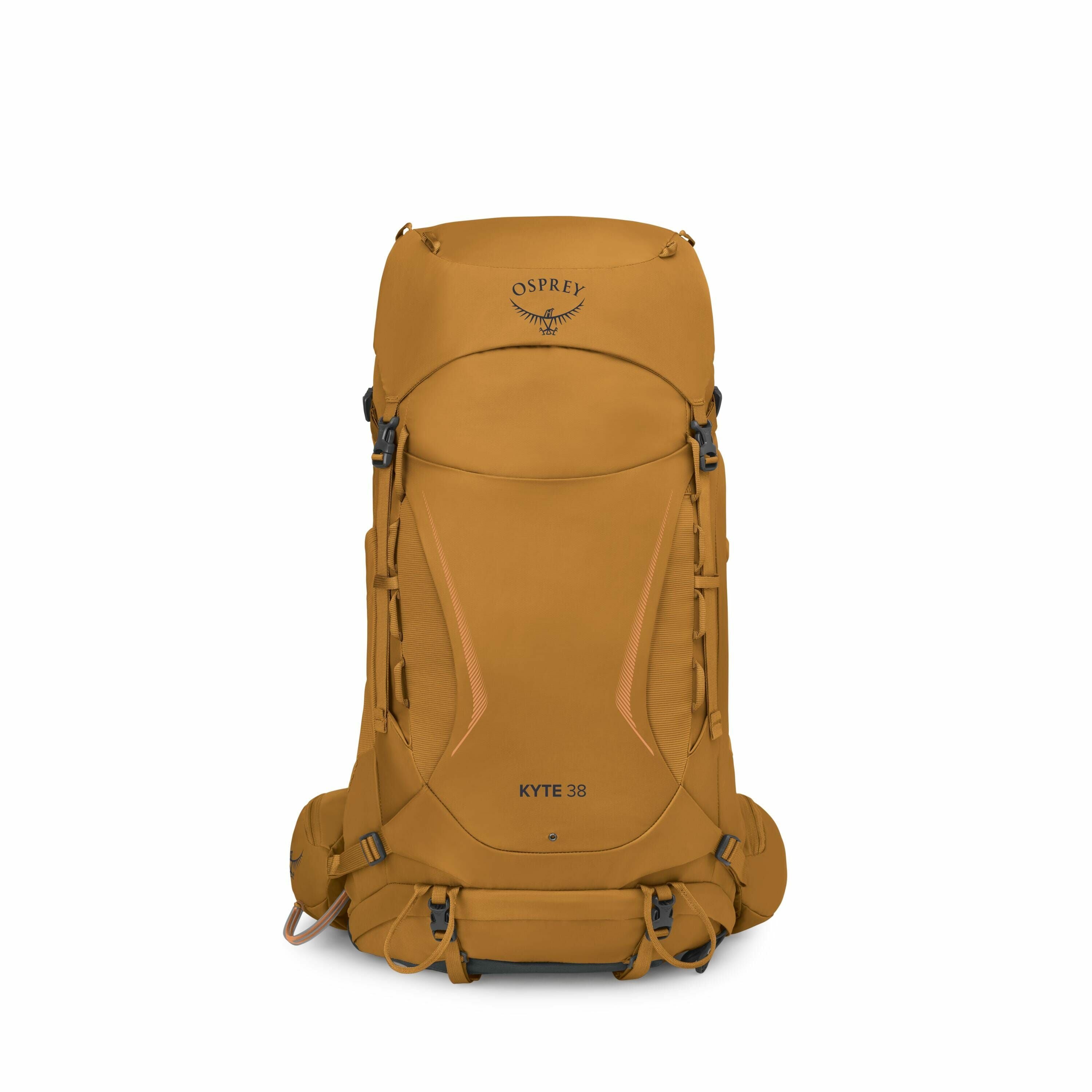 The images depict an Osprey Kyte 38 backpack in a brownish-orange color. The backpack features a top flap with the Osprey logo and name prominently displayed. It is equipped with various adjustable straps and buckles, adding to its functionality and versa