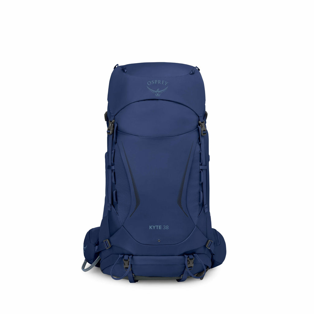 The image depicts a blue backpack, specifically the Osprey Kyte 38. The backpack features multiple compartments and straps, designed for outdoor adventures. The Osprey logo, which consists of an osprey bird silhouette, is displayed prominently on the uppe