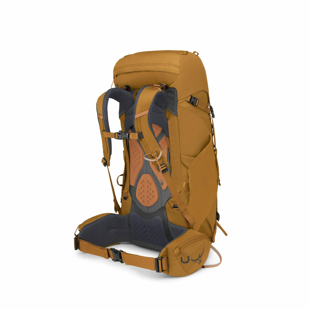 The image showcases a high-quality outdoor backpack designed for hiking and adventure activities. The backpack is predominantly brown with features like padded shoulder straps and a ventilated back panel for comfort during extended use. It also includes s