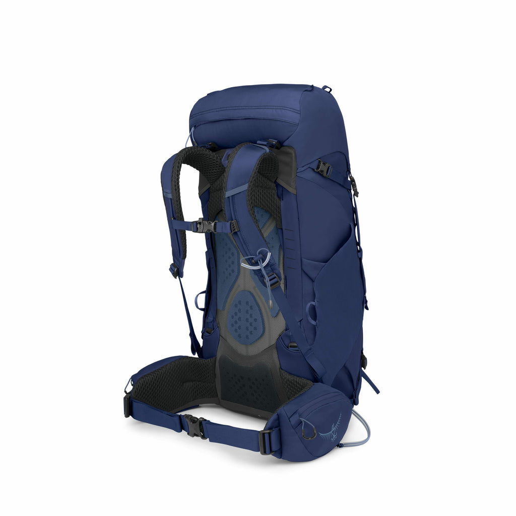 The image features a dark blue backpack designed for outdoor activities like hiking or trekking. It has multiple compartments and pockets, including a large main compartment, side pockets, and a hip belt pocket for easy access to smaller items. The backpa