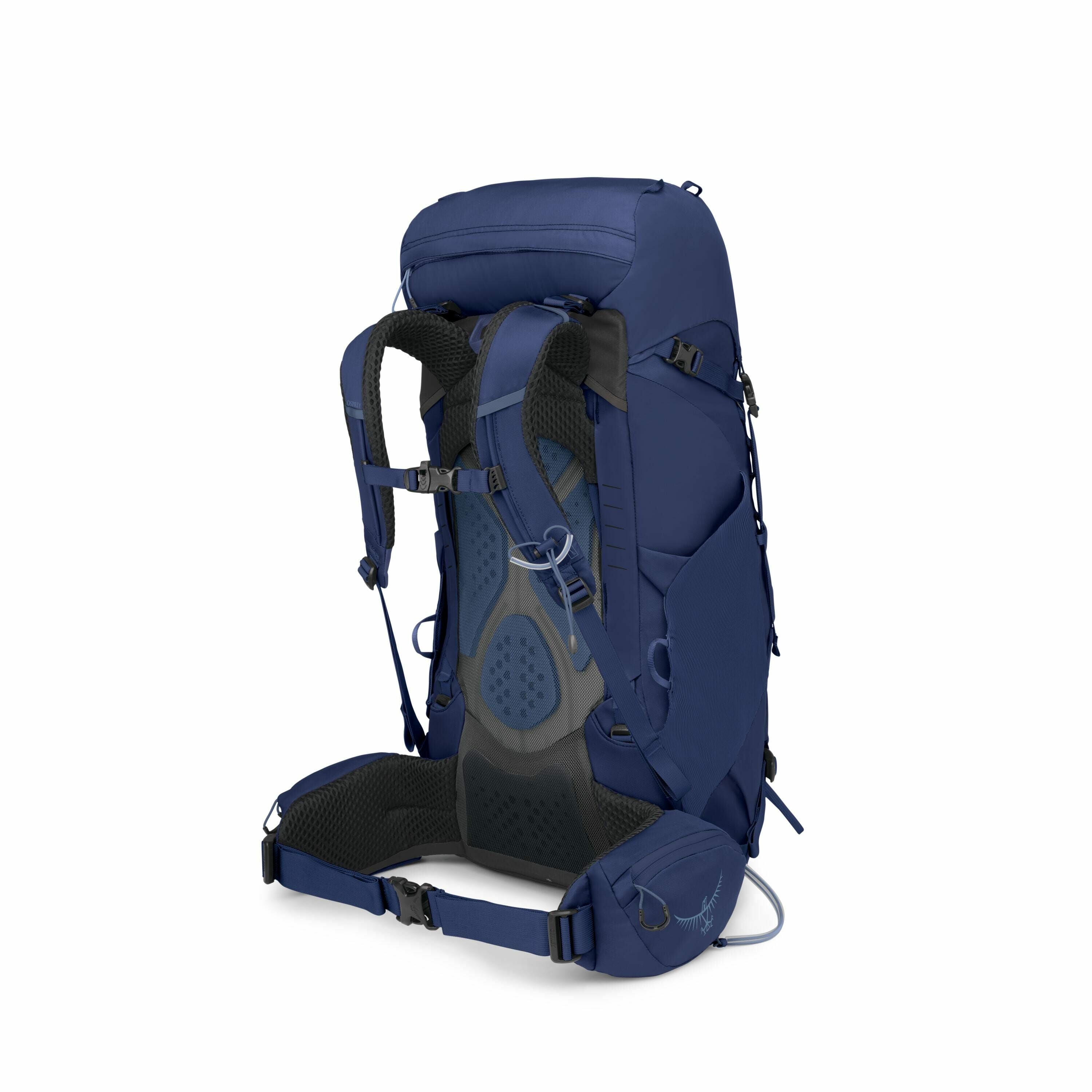 The image features a dark blue backpack designed for outdoor activities like hiking or trekking. It has multiple compartments and pockets, including a large main compartment, side pockets, and a hip belt pocket for easy access to smaller items. The backpa