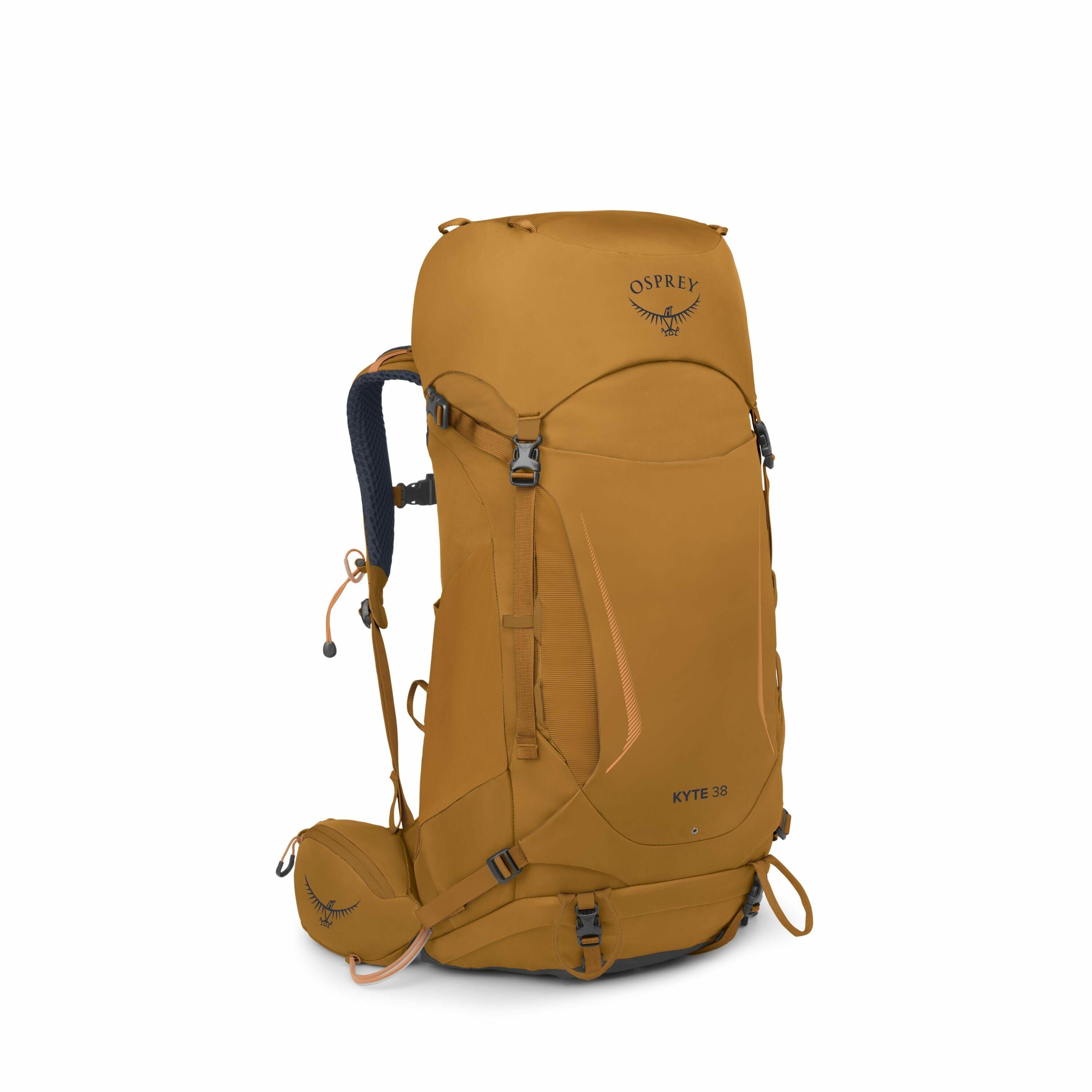 The image showcases an Osprey Kyte 38 backpack in a rich mustard color. This backpack is designed for hiking or outdoor use, featuring various compartments and buckles for securing gear. The logo "OSPREY" is prominently displayed on the top flap, along wi