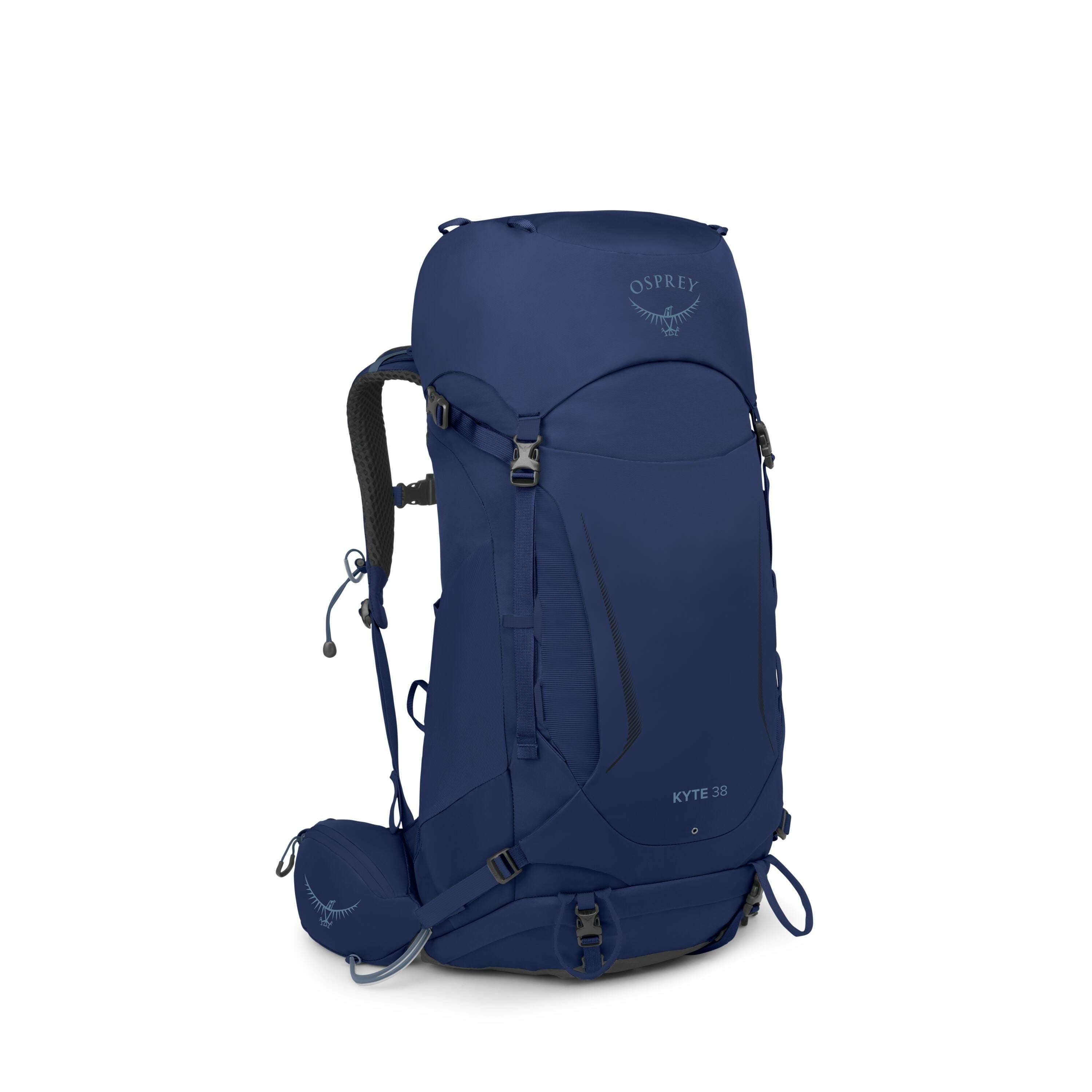 The image displays a blue Osprey Kyte 38 backpack designed for outdoor use. It has a large main compartment, adjustable shoulder straps, and multiple pockets, including a prominent pocket at the bottom. The backpack features a top lid with buckles for sec