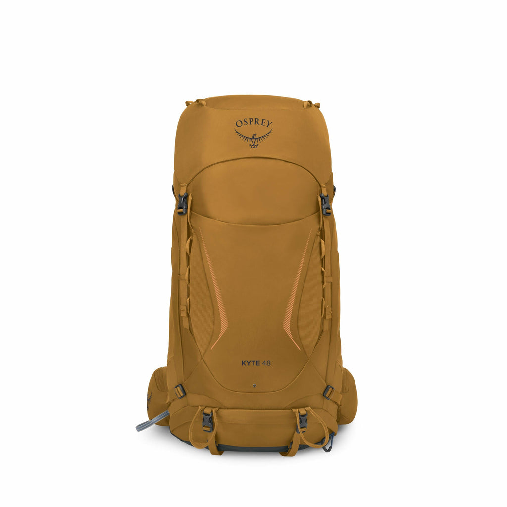 The image depicts a backpack designed for outdoor or hiking activities. It is colored in a warm brown shade and prominently features the logo of Osprey, along with the model name "KYTE 48" printed on the front. The backpack showcases several straps and bu