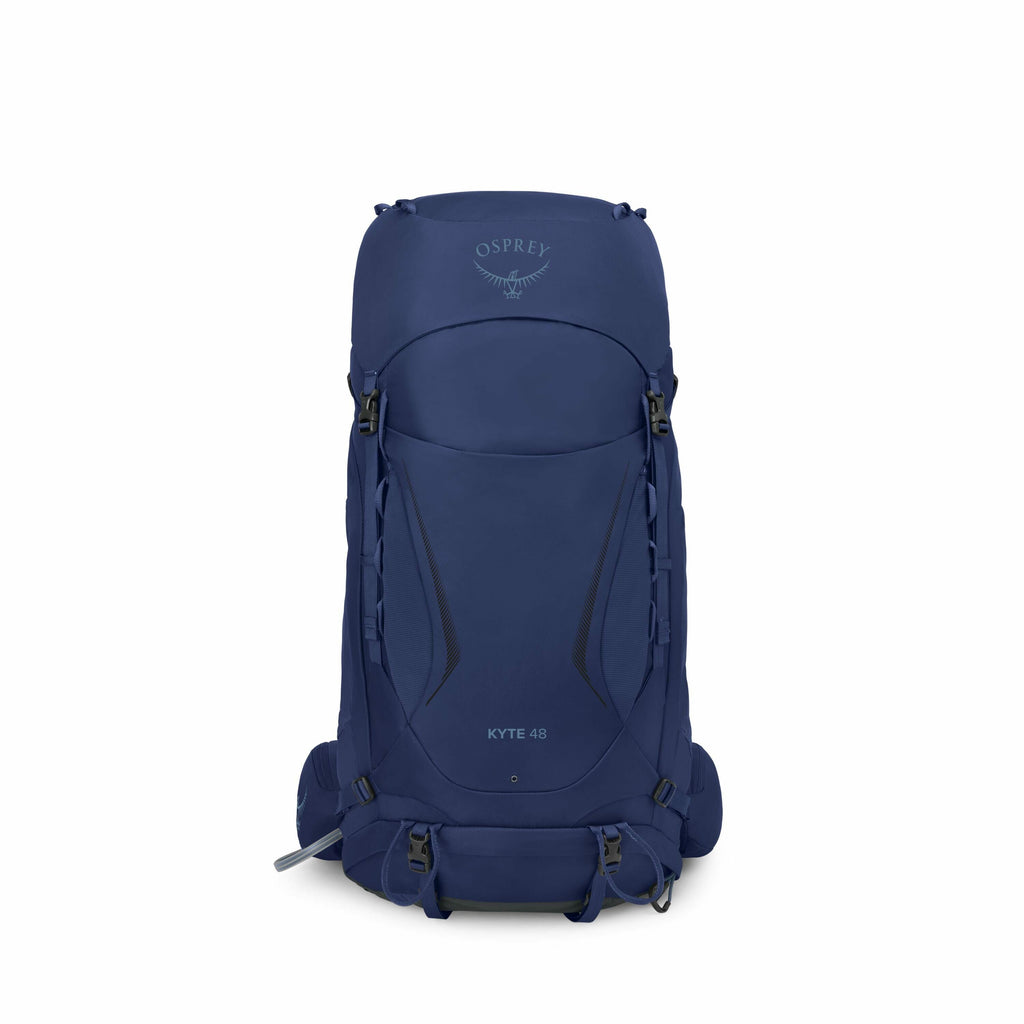 The image depicts a dark blue Osprey backpack with the model name "Kyte 48" printed on the front pocket area. The backpack features multiple compartments and straps for securing gear and adjusting the fit. The Osprey logo, an outline of a bird, is display