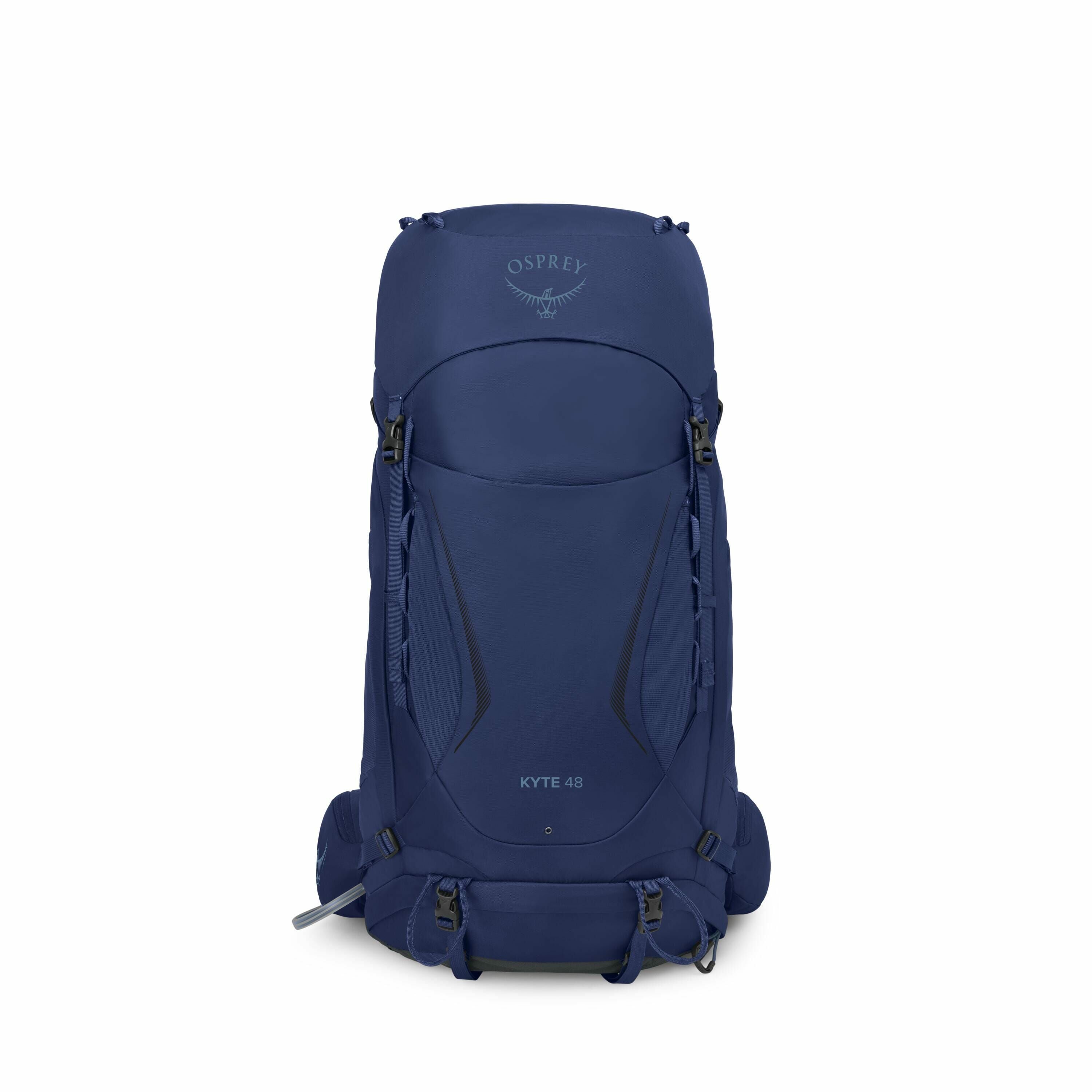 The image depicts a dark blue Osprey backpack with the model name "Kyte 48" printed on the front pocket area. The backpack features multiple compartments and straps for securing gear and adjusting the fit. The Osprey logo, an outline of a bird, is display