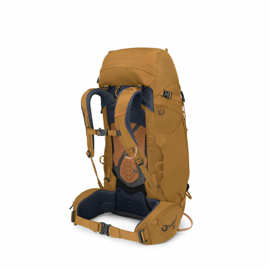 The image features a brown Osprey hiking backpack shown from various angles and in different stages of assembly. In the first image, the backpack is fully assembled, displaying its intricate strap system and padded back for comfort during use. Subsequent