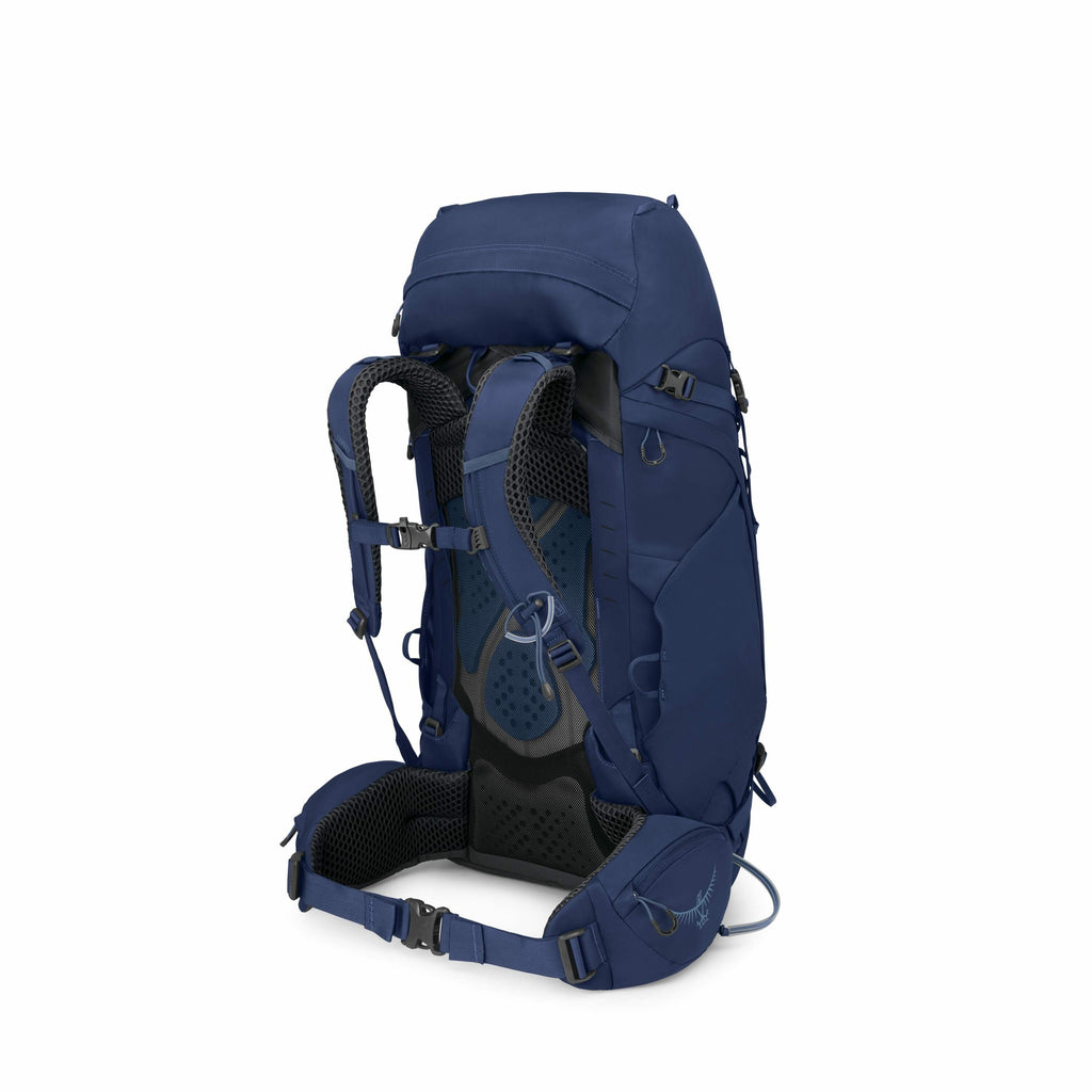 The image series shows a dark blue hiking backpack from different angles, emphasizing its various features and components. The backpack is designed with adjustable straps, ergonomic padding, and multiple compartments suitable for outdoor activities. It in