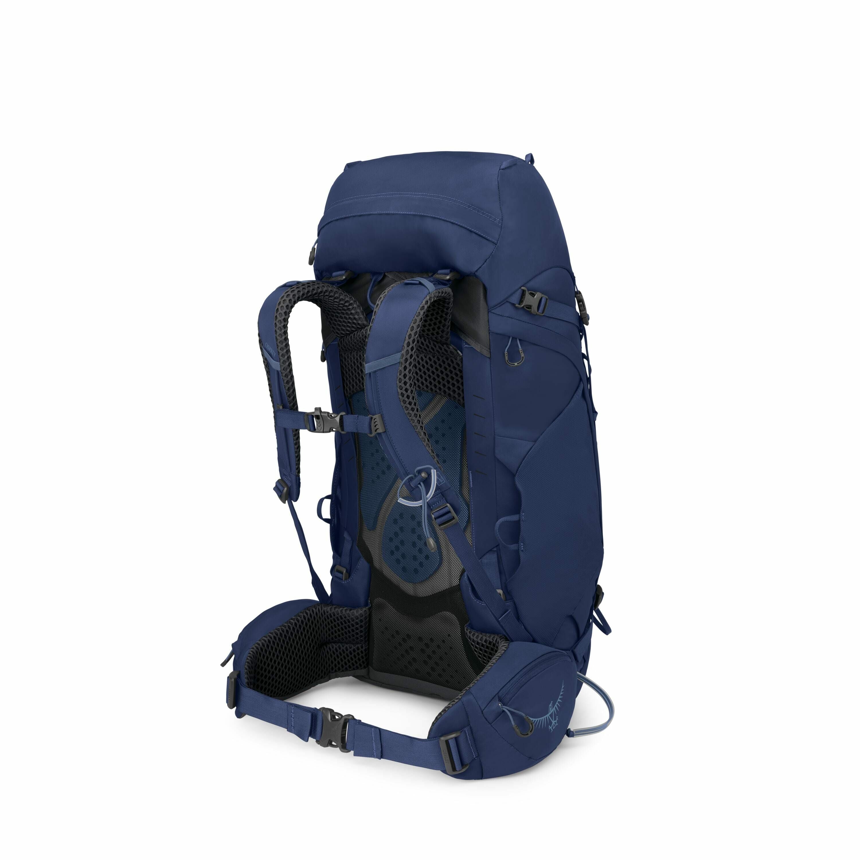 The image series shows a dark blue hiking backpack from different angles, emphasizing its various features and components. The backpack is designed with adjustable straps, ergonomic padding, and multiple compartments suitable for outdoor activities. It in