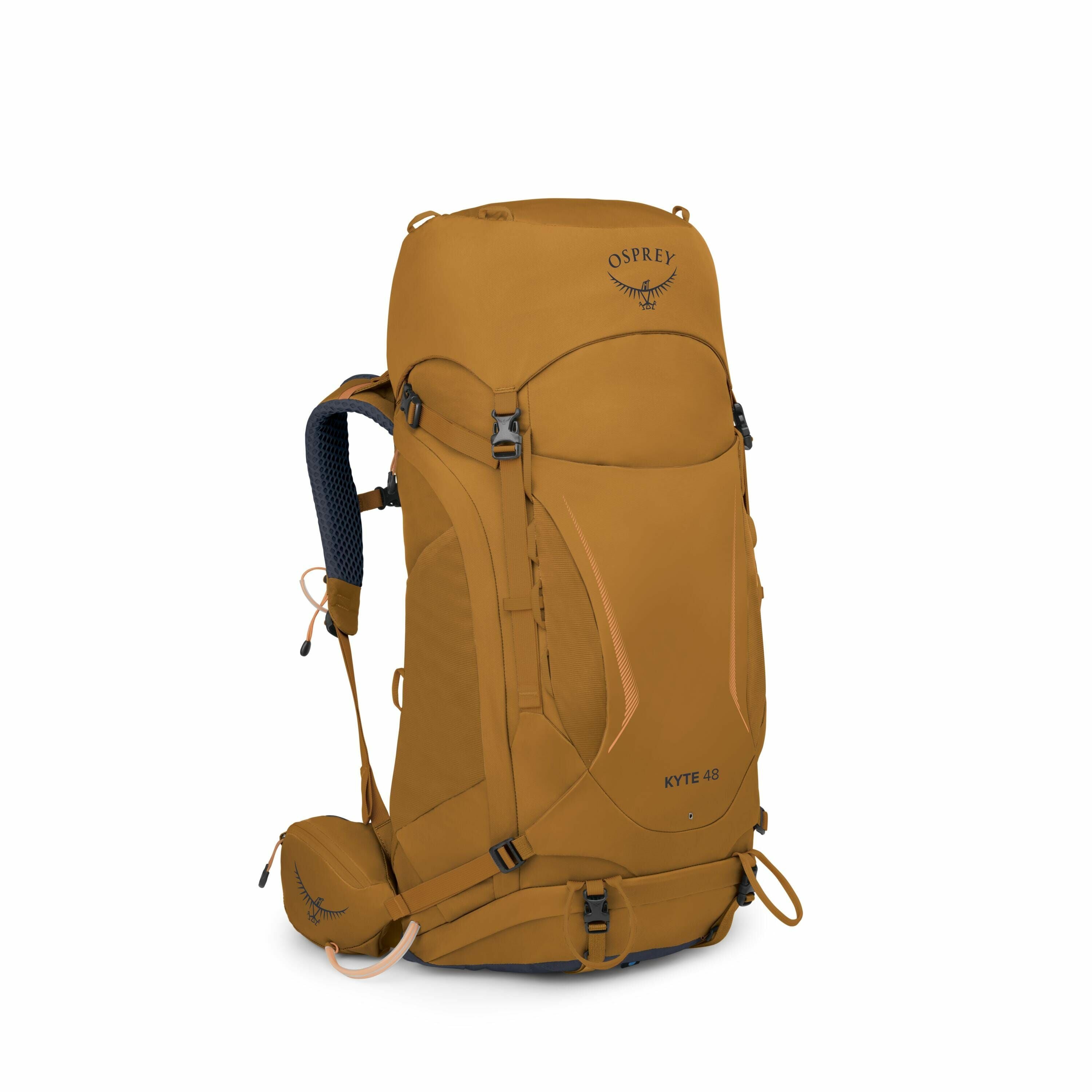 The image shows an Osprey Kyte 48 backpack, which is designed for outdoor activities like hiking and backpacking. The backpack is a rich, golden-brown color with the Osprey logo displayed prominently near the top. The backpack has multiple compartments an