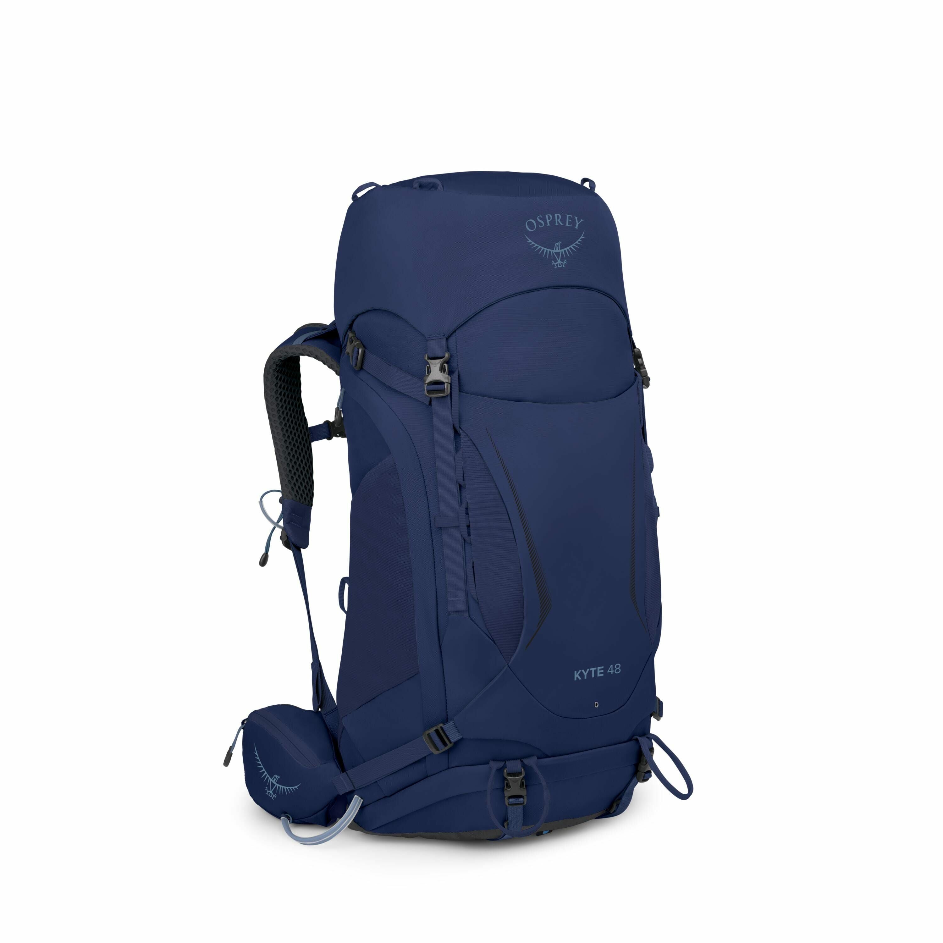 The image features a large, blue backpack, branded with the Osprey logo prominently displayed at the top. The model name "KYTE 48" is visible on the front of the backpack, indicating a 48-liter capacity. The backpack is equipped with adjustable straps, se