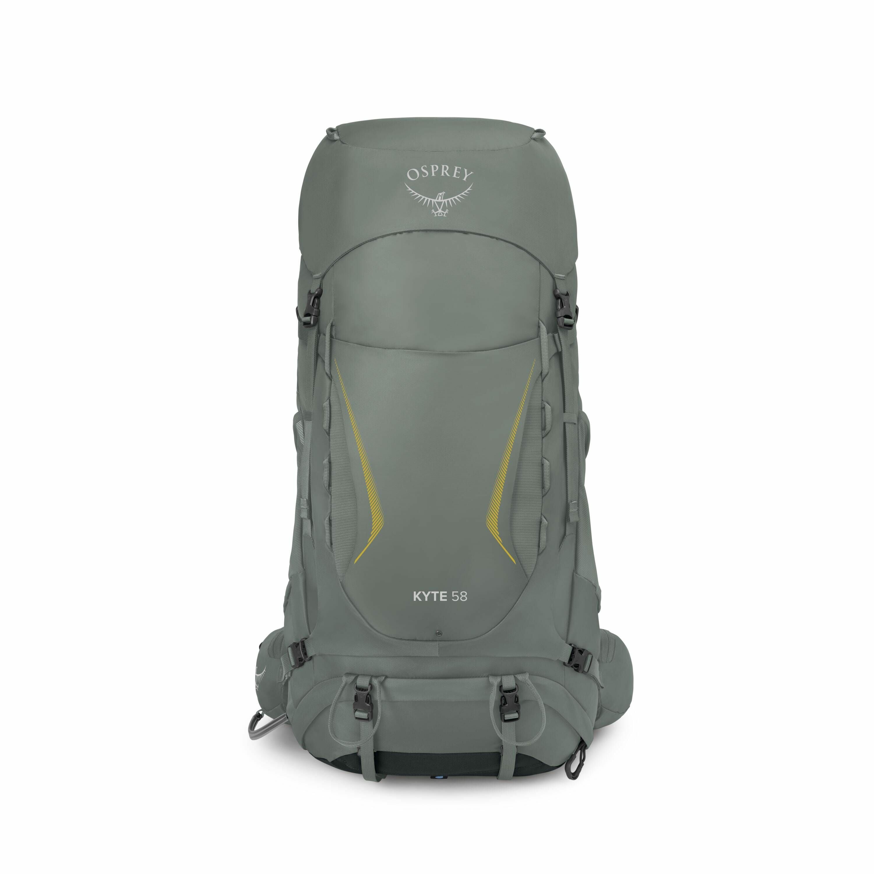 The images primarily depict the Osprey Kyte 58 backpack, shown from a frontal view. The backpack is a muted green color with yellow accents, featuring a streamlined design suitable for hiking and outdoor adventures. The Osprey logo, a stylized bird in fli
