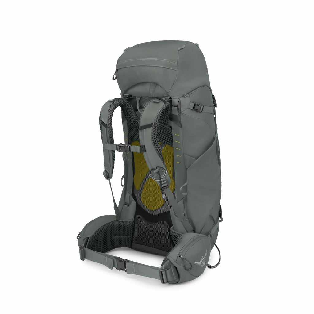 The image displays a green hiking backpack designed for outdoor adventures. It features adjustable padded shoulder straps and a waist belt for comfortable carrying, as well as a ventilated back panel in a contrasting yellow and black pattern. The backpack