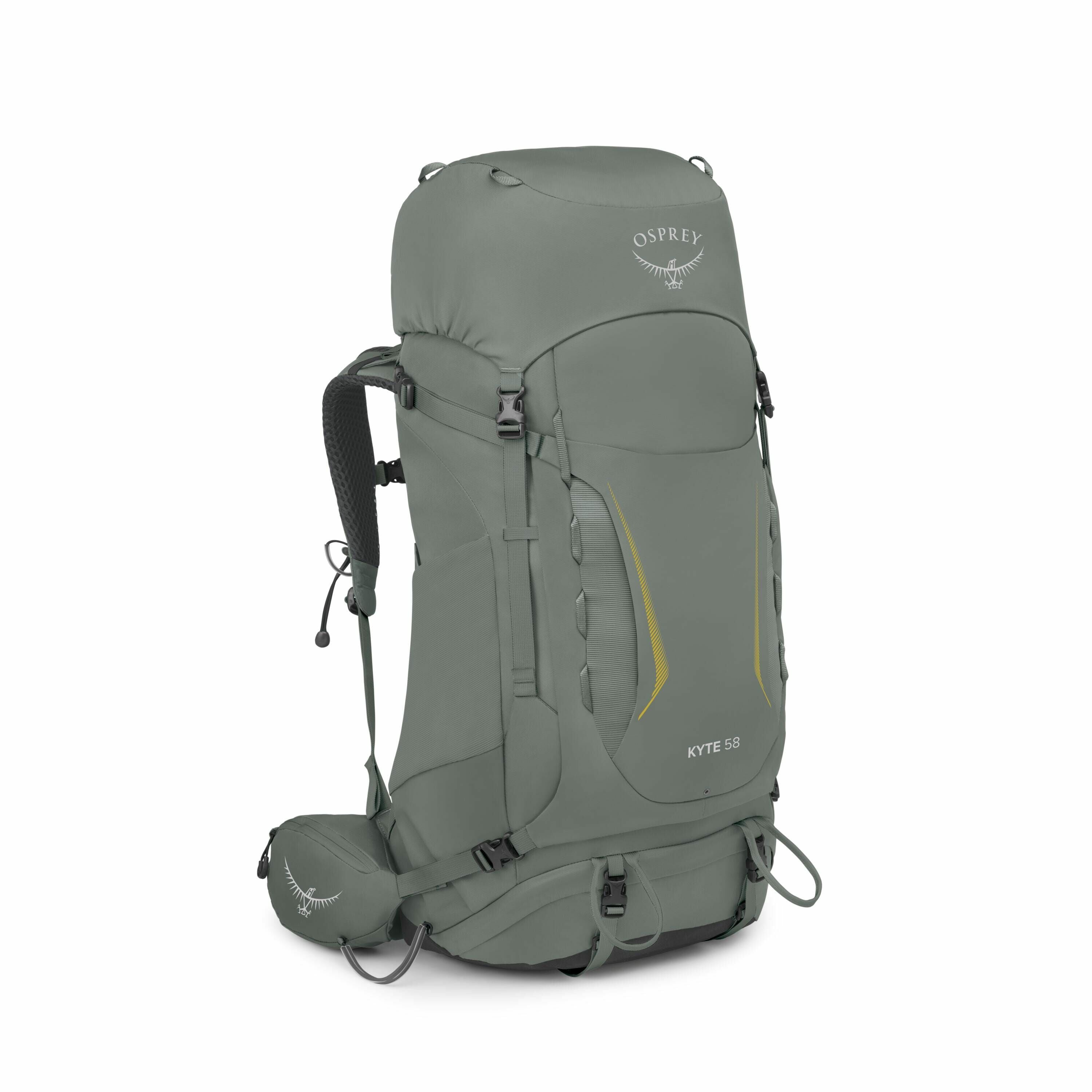The image shows an Osprey Kyte 58 backpack, designed for outdoor activities such as hiking and camping. The backpack is a shade of muted green with contrasting yellow accents on its front panel. It features multiple compartments, including a large main st