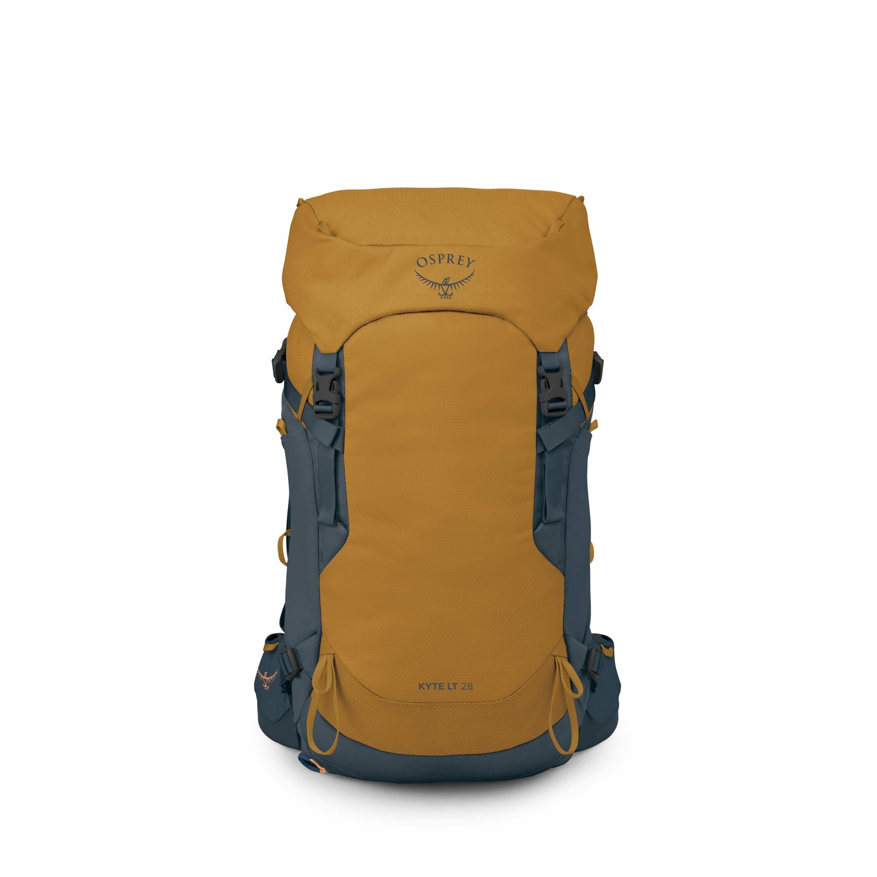 The image showcases an Osprey Kyte LT 28 backpack designed for outdoor adventures. The backpack features a mustard yellow and deep blue color scheme, with the Osprey logo prominently displayed on the upper part of the pack. The main compartment and side p