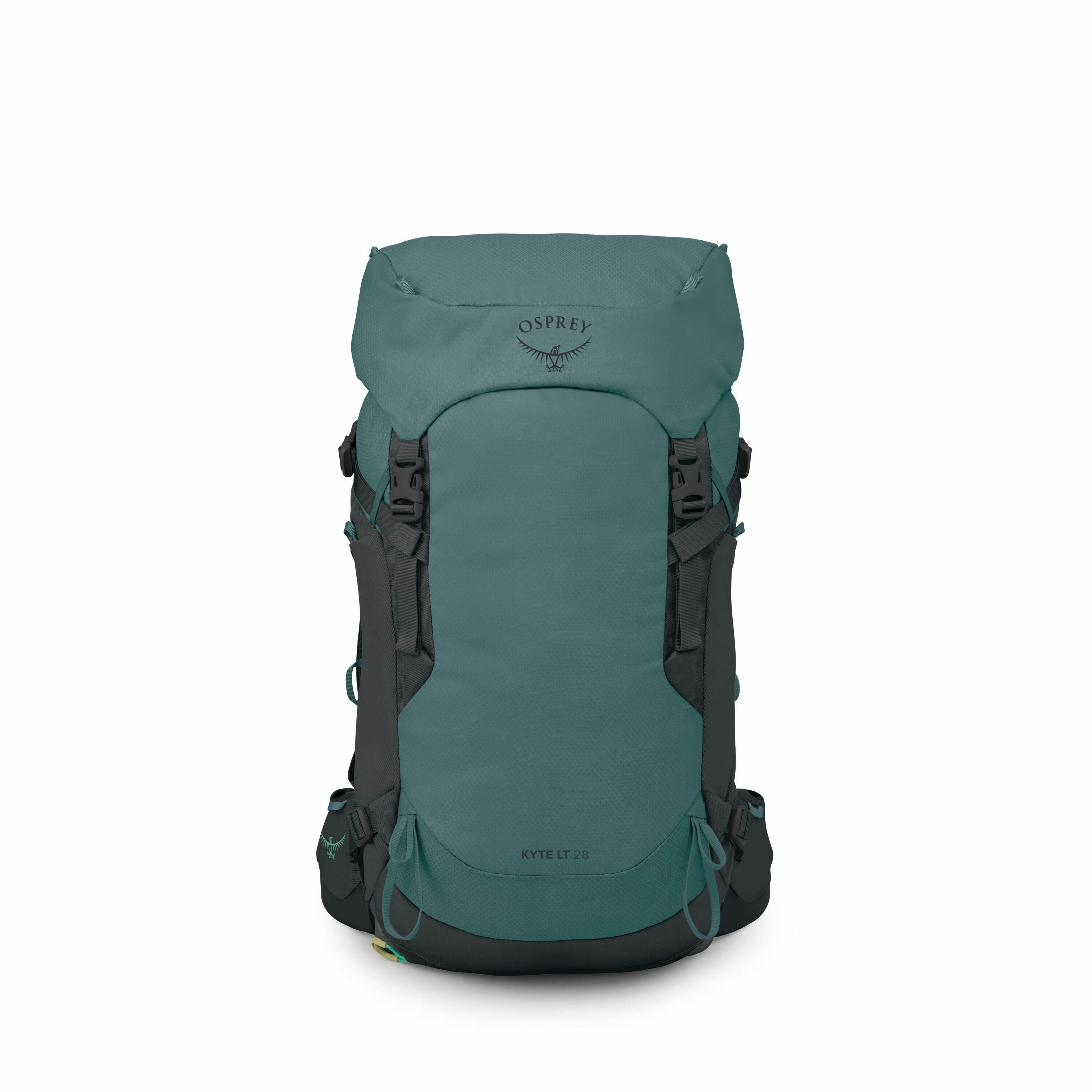 The image depicts a teal backpack, specifically an Osprey Kyte LT 28. The backpack features a top lid with the Osprey logo, and the body is designed for hiking or trekking purposes, evident from its robust structure and multiple straps for load adjustment