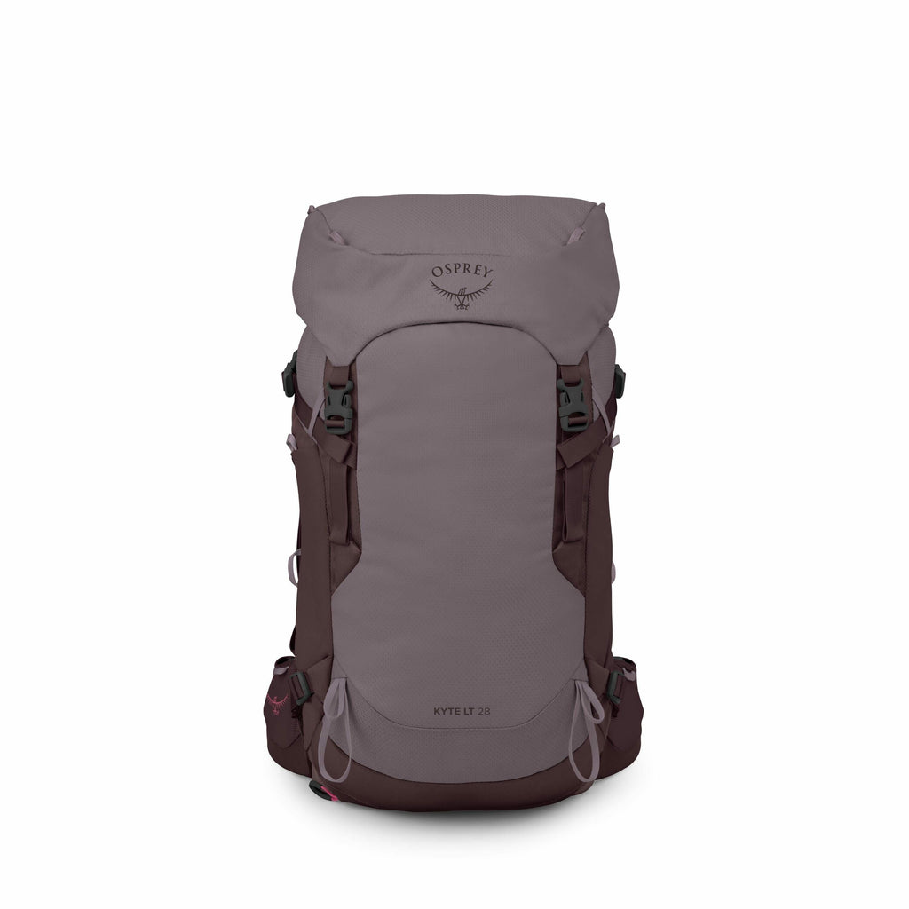 The image features an Osprey Kyte LT 28 backpack in various stages of visibility, showcasing different levels of transparency. Initially, the backpack is fully visible, displaying a muted purple color with darker accents and numerous straps and buckles fo
