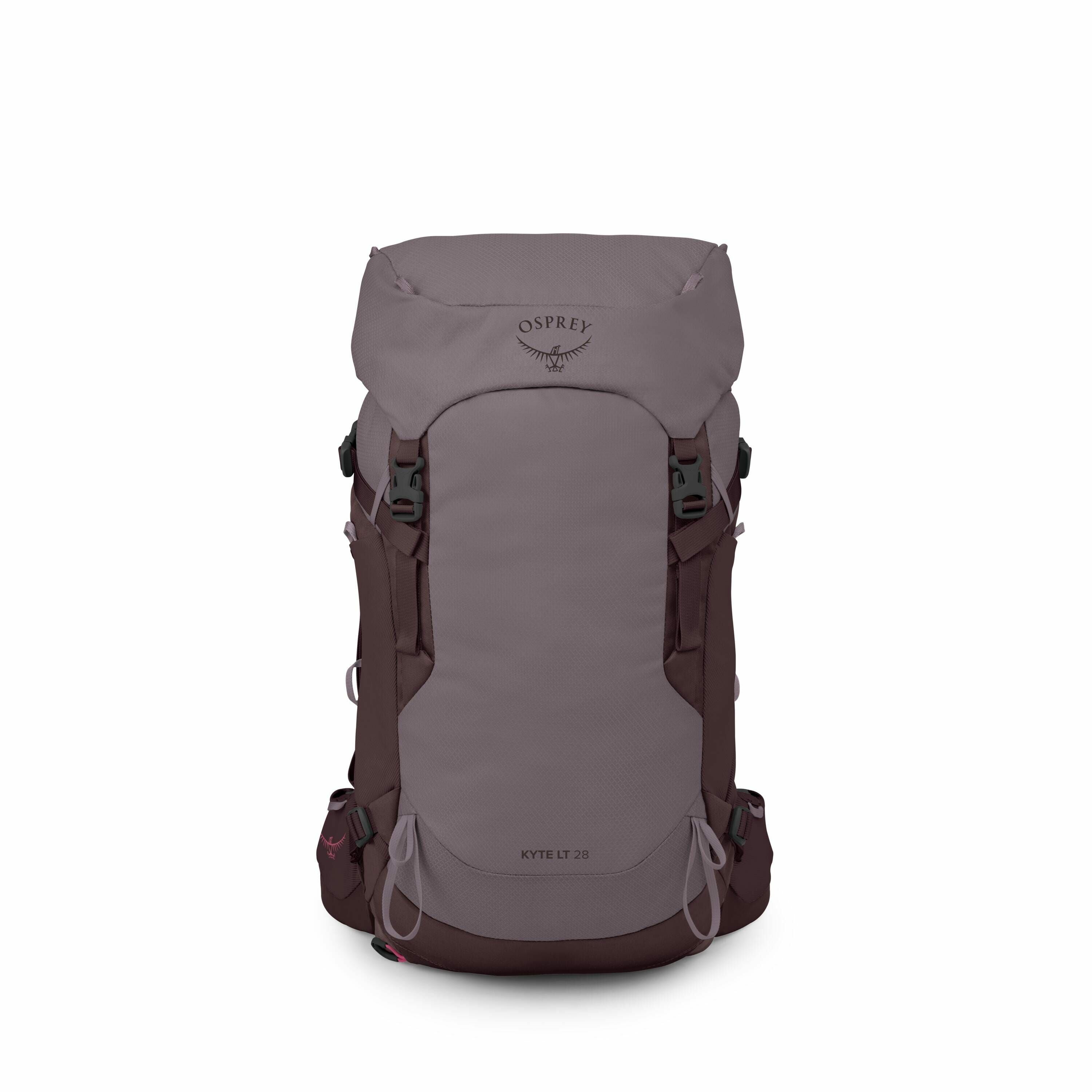 The image features an Osprey Kyte LT 28 backpack in various stages of visibility, showcasing different levels of transparency. Initially, the backpack is fully visible, displaying a muted purple color with darker accents and numerous straps and buckles fo