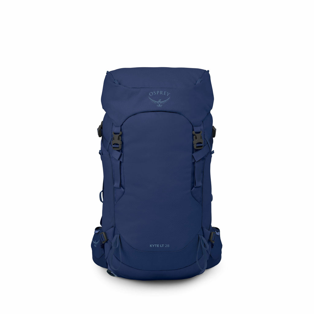 The image shows a blue backpack designed for outdoor or hiking purposes. It features the brand logo "Osprey" prominently displayed on the upper flap of the backpack. The backpack appears to have multiple adjustable straps and buckles, likely intended for