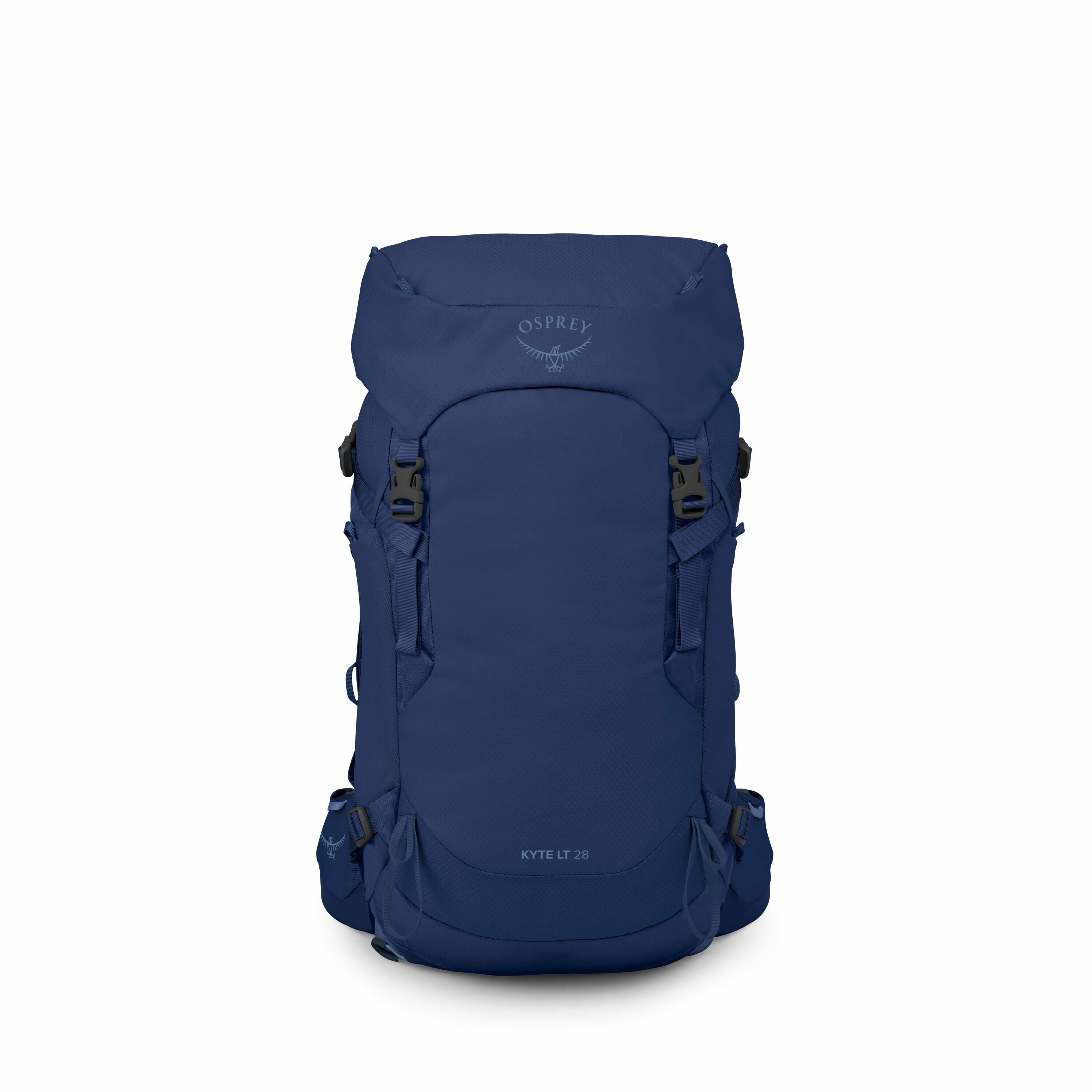 The image shows a blue backpack designed for outdoor or hiking purposes. It features the brand logo "Osprey" prominently displayed on the upper flap of the backpack. The backpack appears to have multiple adjustable straps and buckles, likely intended for