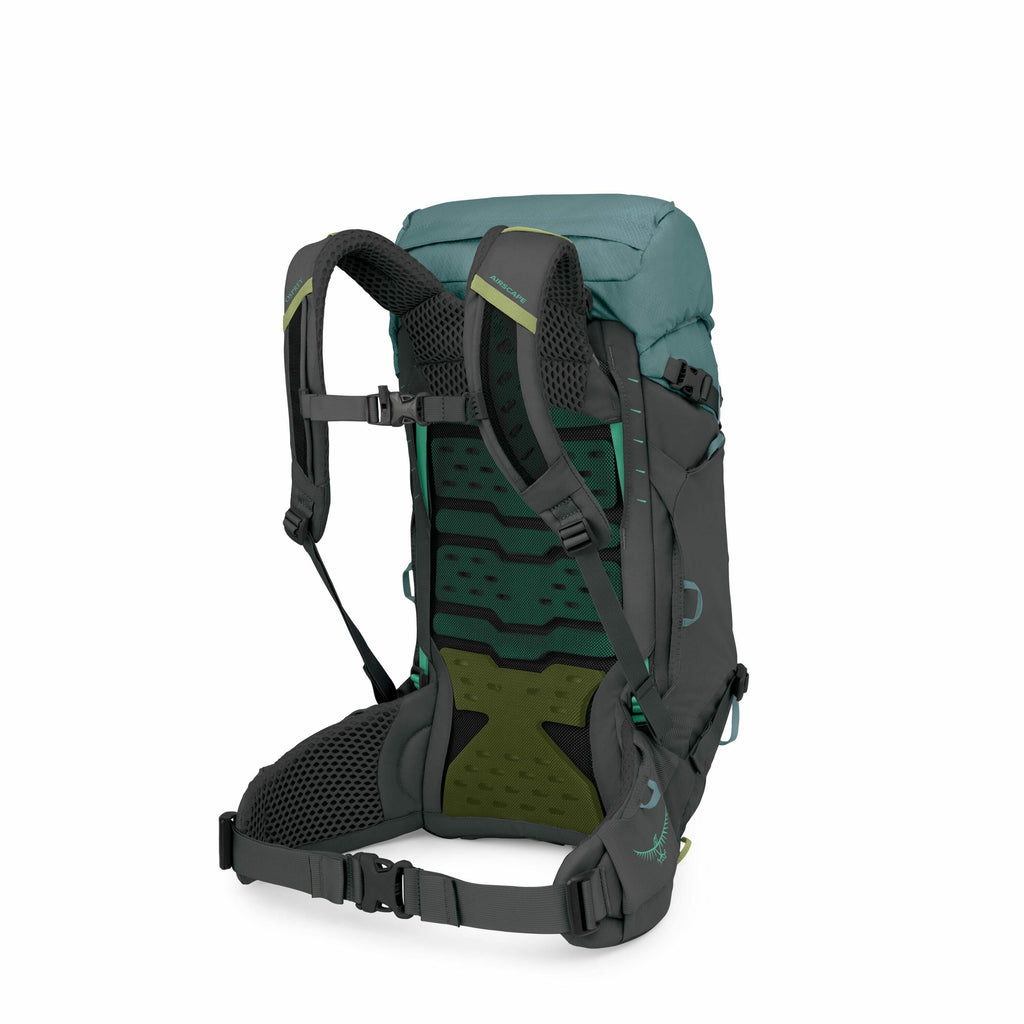 The image shows a backpack designed for outdoor use, likely intended for hiking or trekking. It features a robust back support system with adjustable straps and padding for comfort. The backpack is primarily turquoise and dark gray with green accents, inc