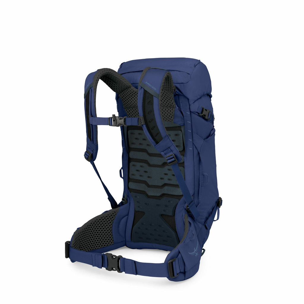 The image features a blue backpack designed for outdoor activities, such as hiking or camping. It has a padded back panel with ventilation holes and a mesh overlay for comfort and breathability. The shoulder straps are adjustable, padded, and also feature