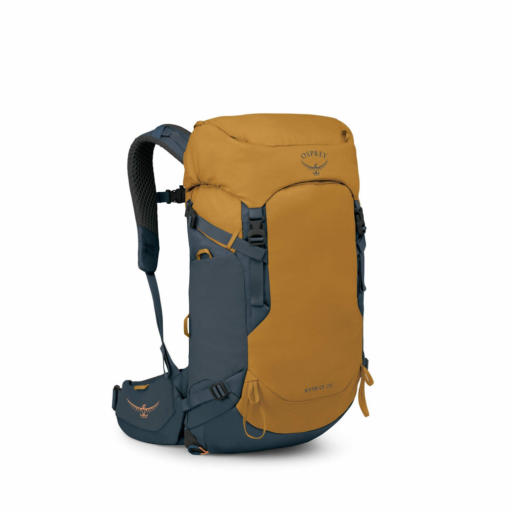 The image shows a backpack designed by Osprey, specifically the Kyte LT 36 model. It features a two-tone color scheme with deep blue and mustard yellow panels. The backpack includes several functional elements such as adjustable shoulder straps, buckles,