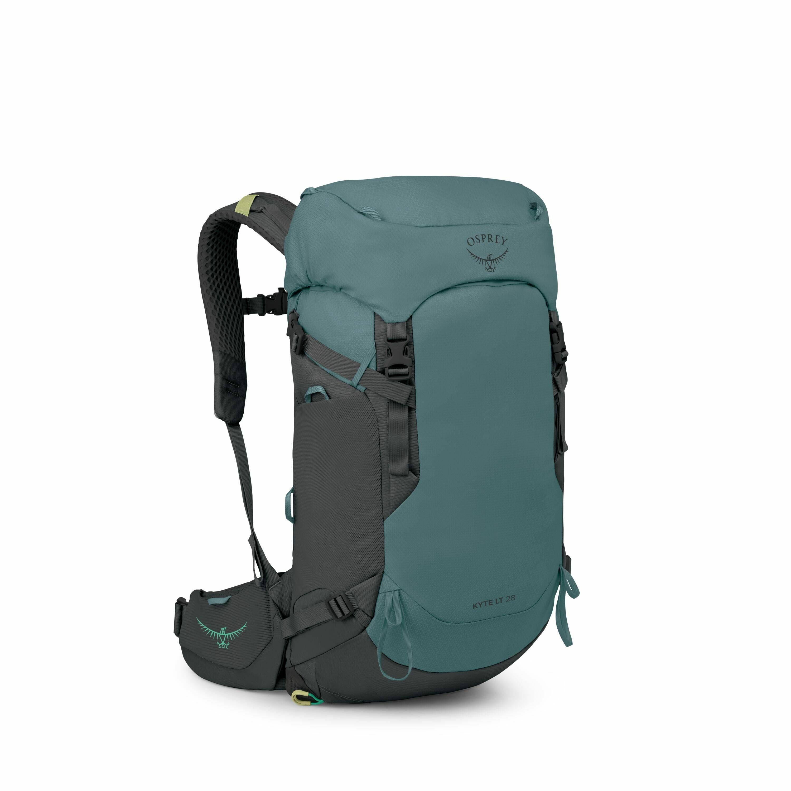 The image depicts an Osprey backpack, specifically the Kyte LT 28 model. The backpack is mostly teal with black accents and features multiple compartments and pockets for organization. It includes adjustable straps for comfortable carrying and a hip belt