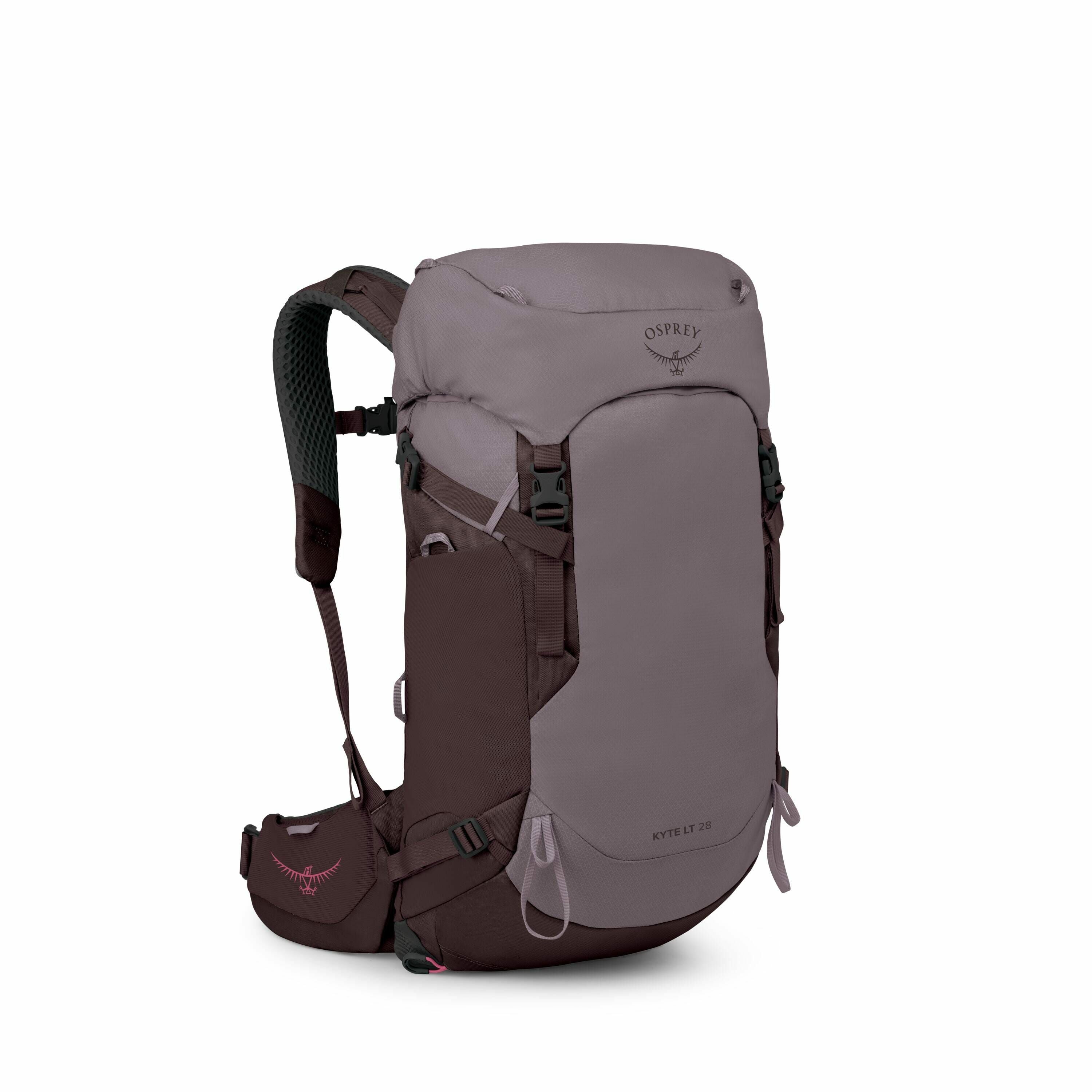 The image showcases an Osprey Kyte LT 28 backpack designed for outdoor activities. It features a combination of soft purple and dark brown colors, giving it a stylish and functional look. The backpack has multiple adjustable straps and buckles for securin