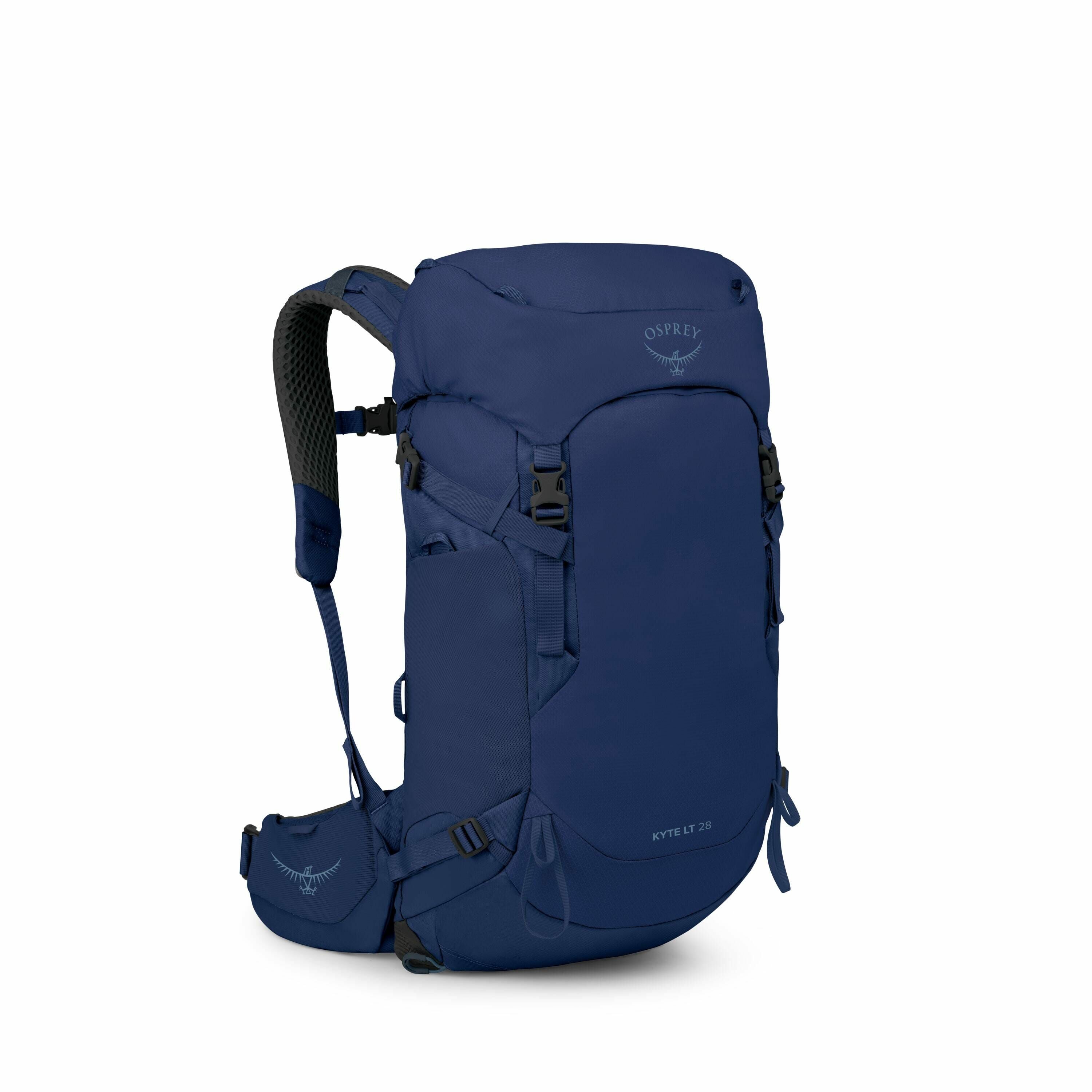 The image showcases an Osprey Kyte LT 28 backpack in a deep blue color. This backpack appears to be designed for hiking or outdoor use, featuring a main compartment with a top-loading design, secured by buckles and a lid. It has padded shoulder straps and