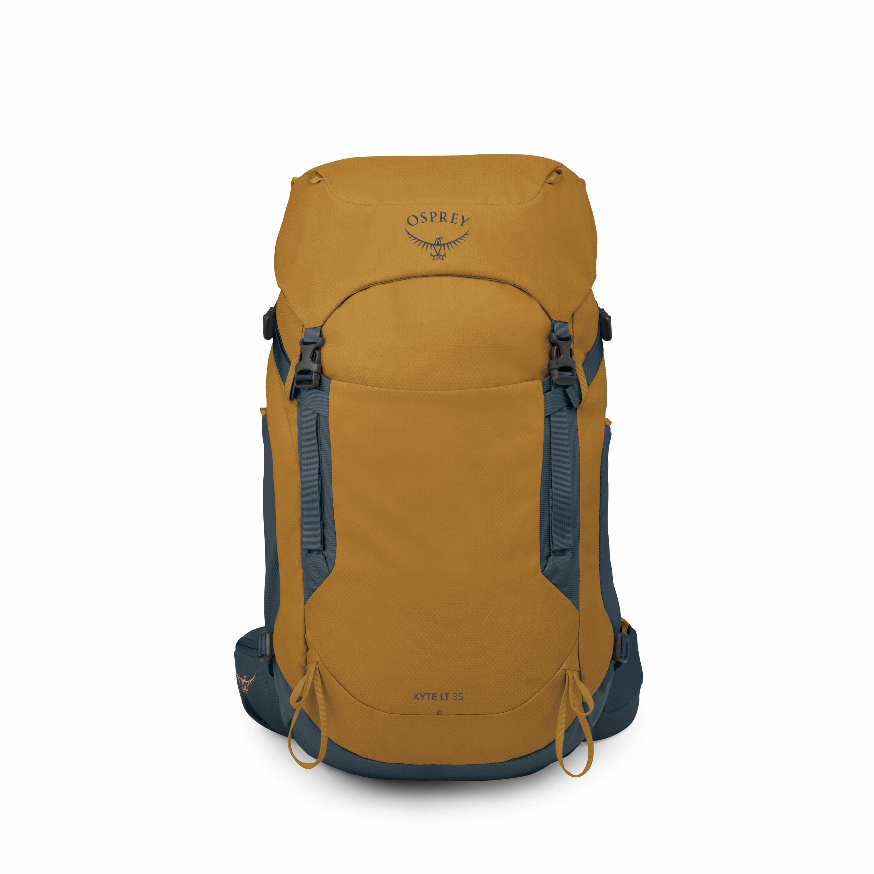 The image features a series of views of an Osprey Kyte LT 36 backpack in a rich mustard color with dark blue accents. The front view displays the backpack's design, including the Osprey logo prominently printed on the top flap. The backpack has adjustable